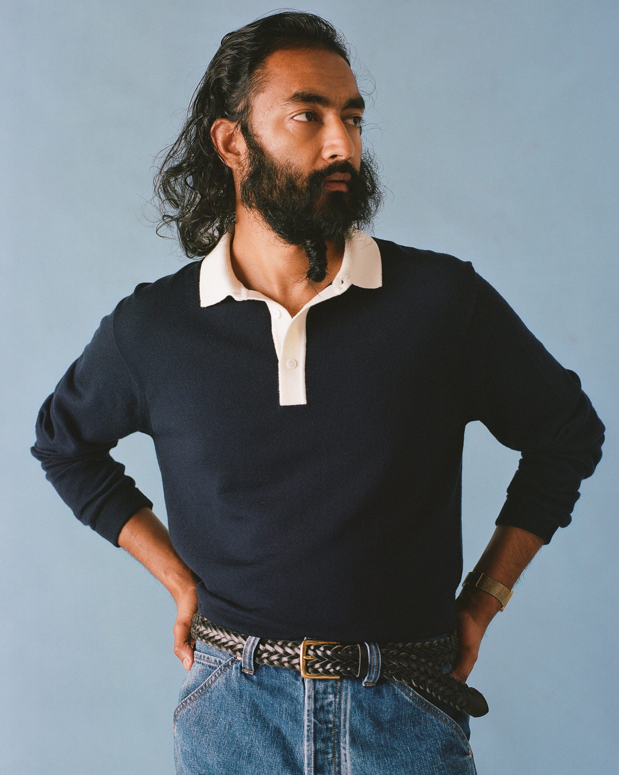 Navy Merino Wool Knitted Rugby Shirt - Image 6