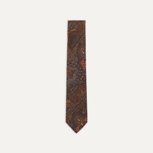 Brown. Navy and Red Paisley Print Madder Twill Silk Tie