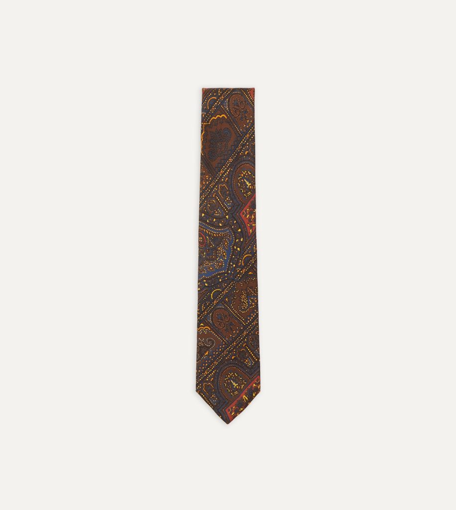 Brown. Navy and Red Paisley Print Madder Twill Silk Tie
