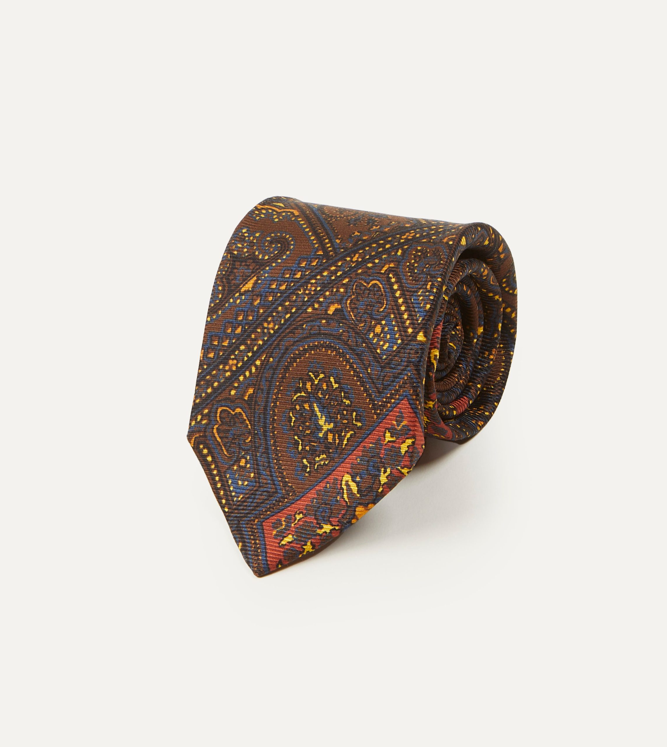 Brown. Navy and Red Paisley Print Madder Twill Silk Tie - Image 2
