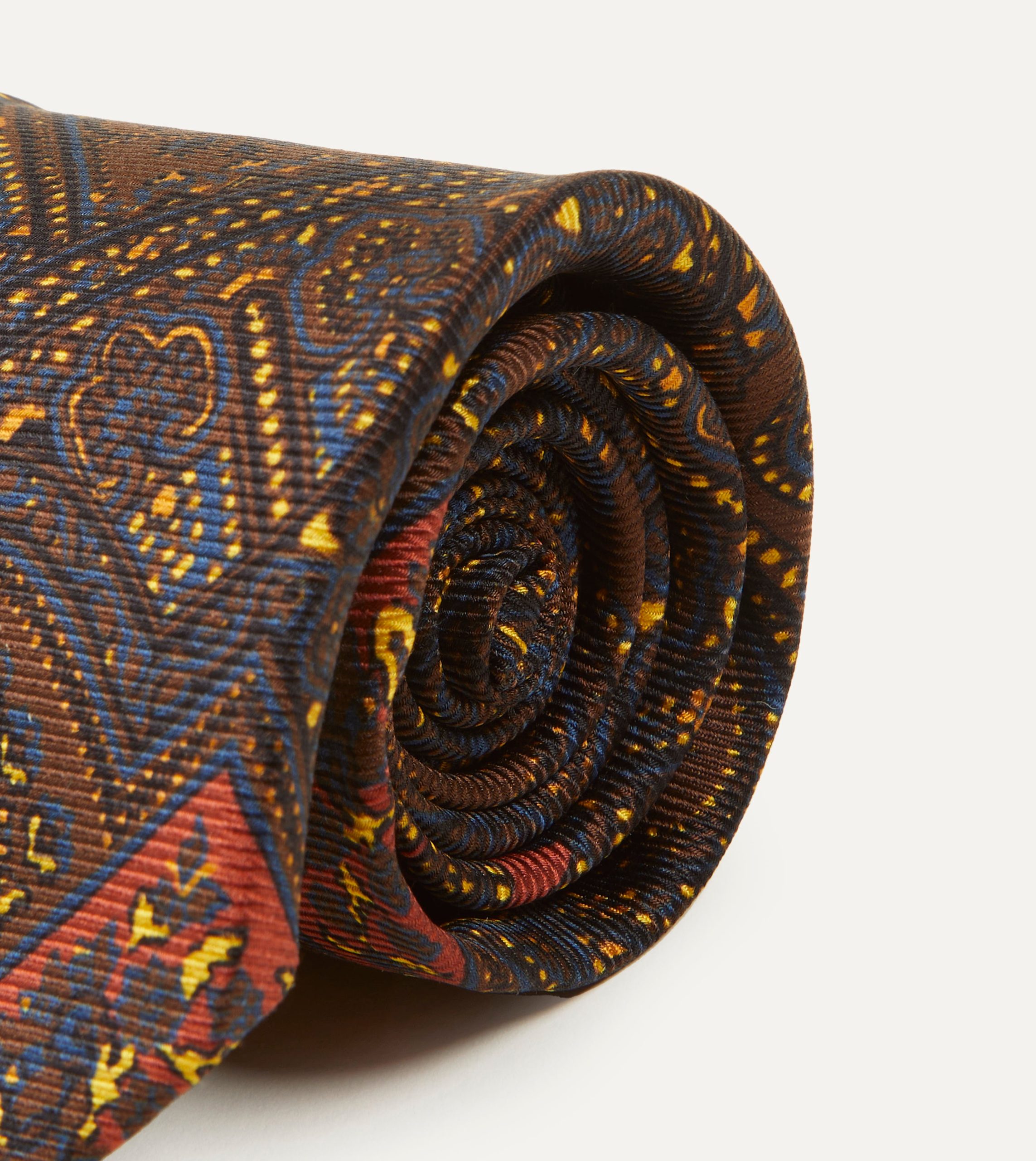 Brown. Navy and Red Paisley Print Madder Twill Silk Tie - Image 3
