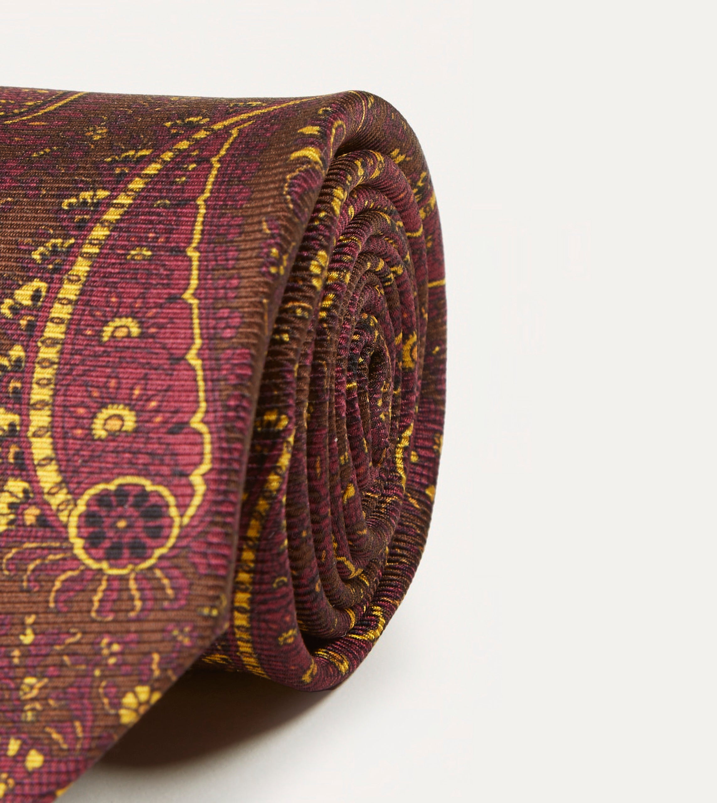 Brown. Red and Yellow Paisley Print Madder Twill Silk Tie - Image 3