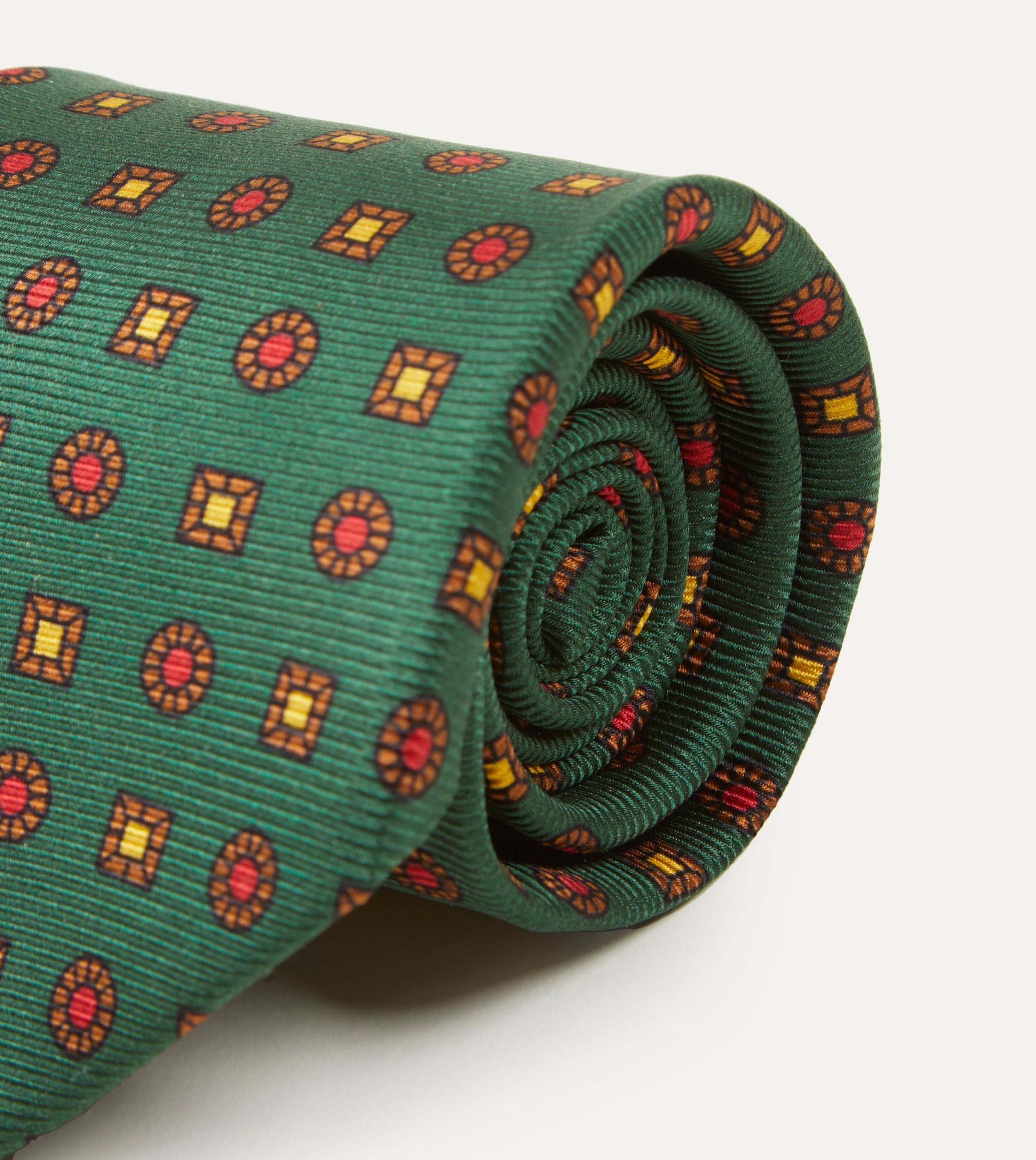 Green and Red Geometric Medallion Print Madder Twill Silk Tie - Image 3