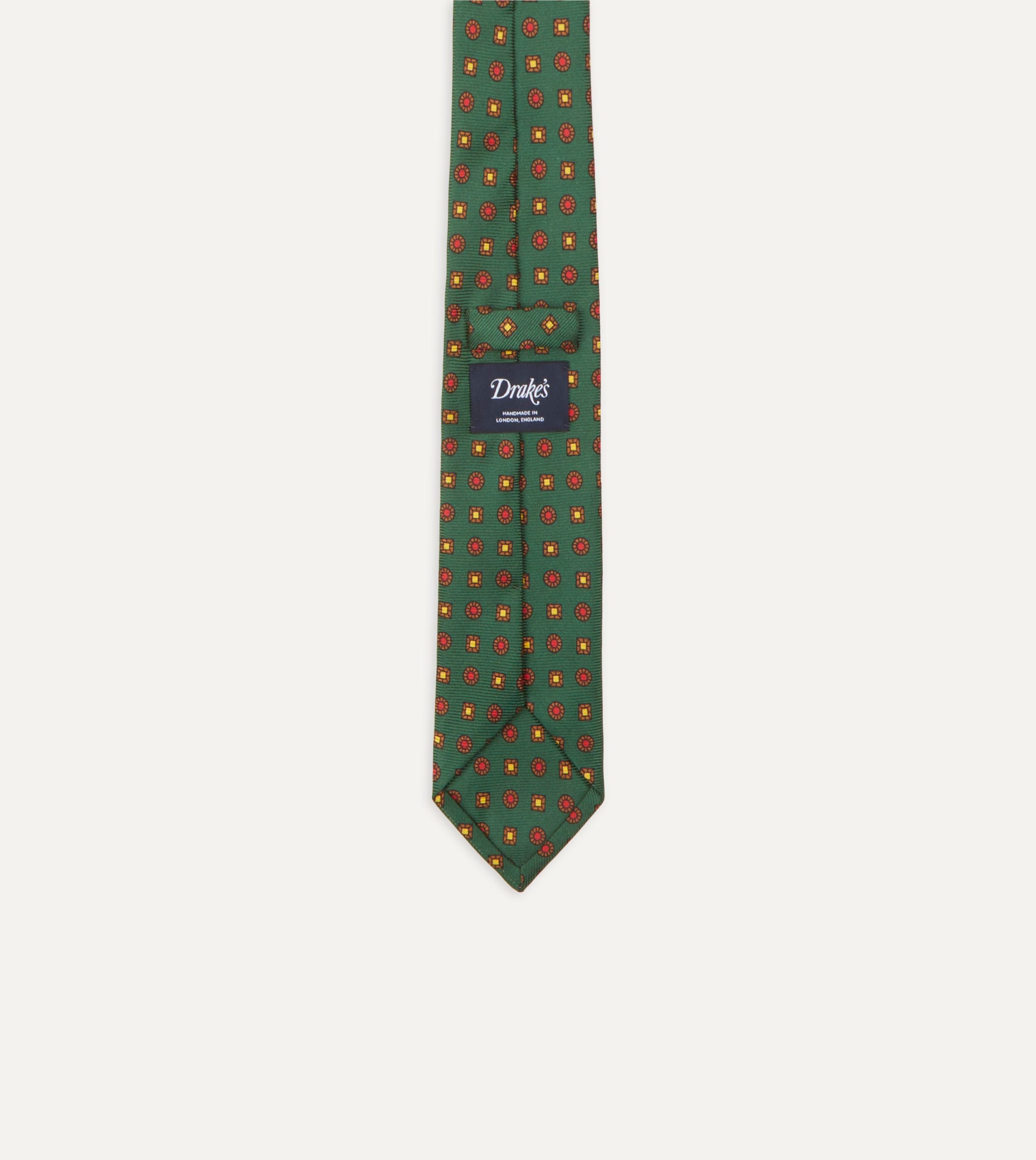 Green and Red Geometric Medallion Print Madder Twill Silk Tie - Image 5