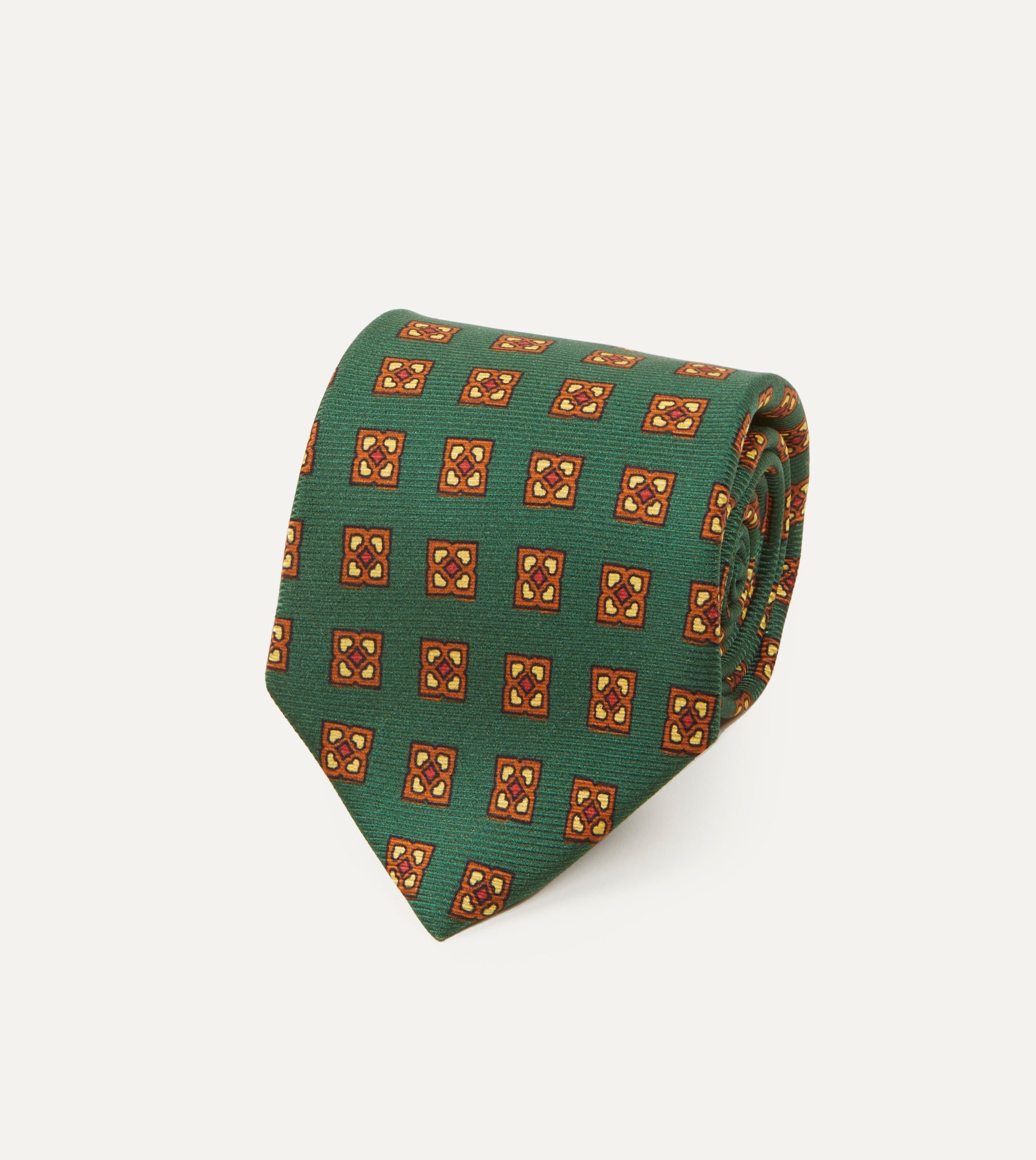 Green and Gold Diamond Medallion Print Madder Twill Silk Tie - Image 2