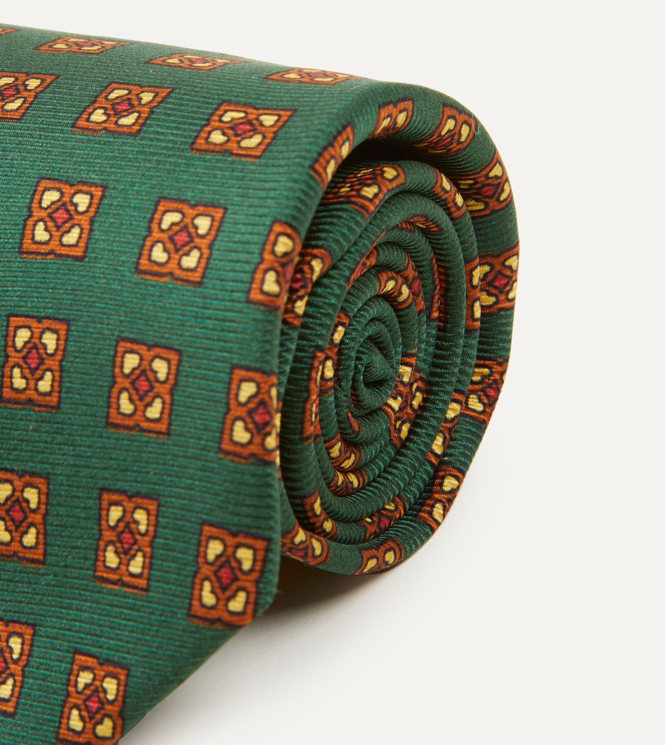 Green and Gold Diamond Medallion Print Madder Twill Silk Tie - Image 3