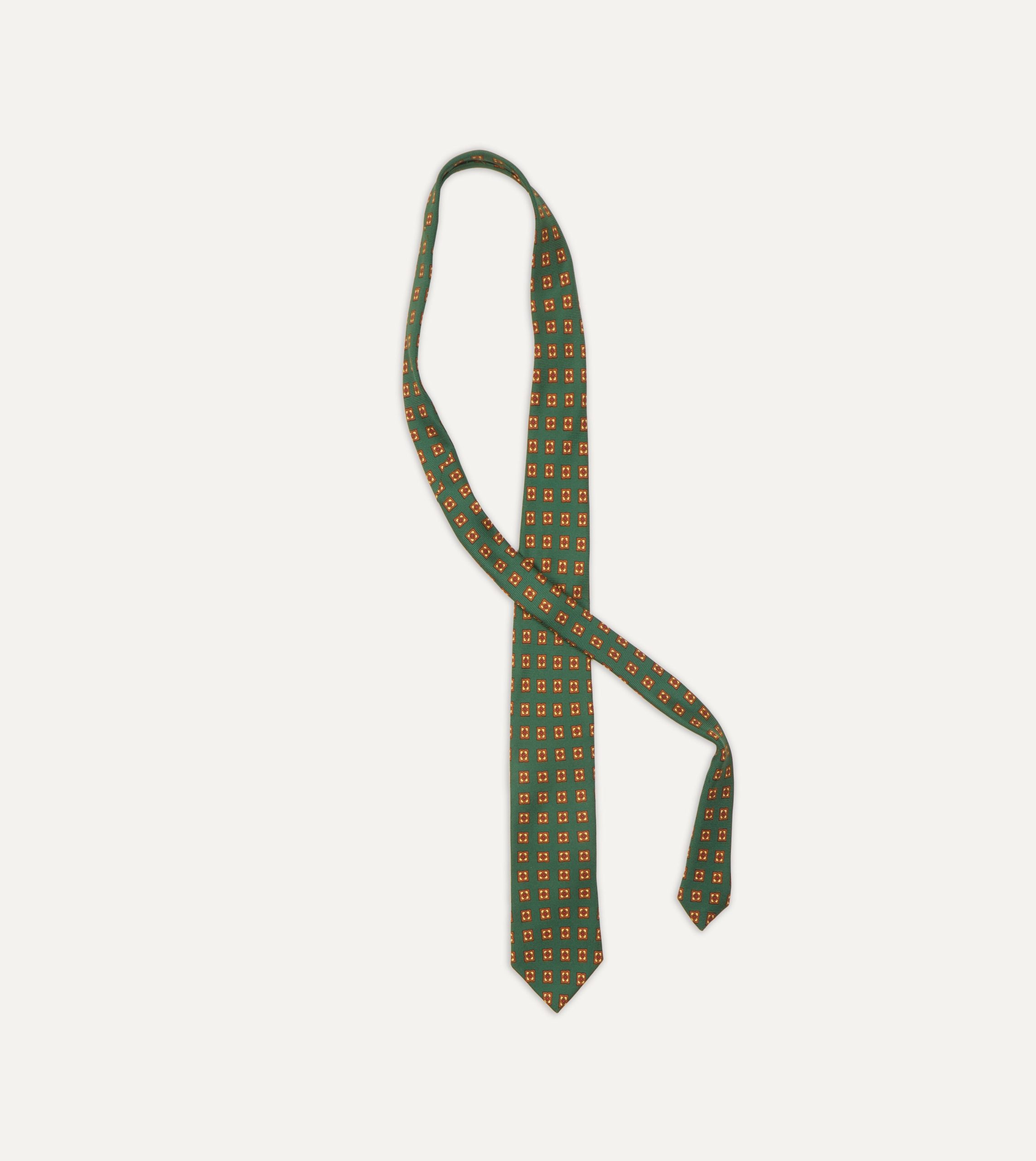 Green and Gold Diamond Medallion Print Madder Twill Silk Tie - Image 4