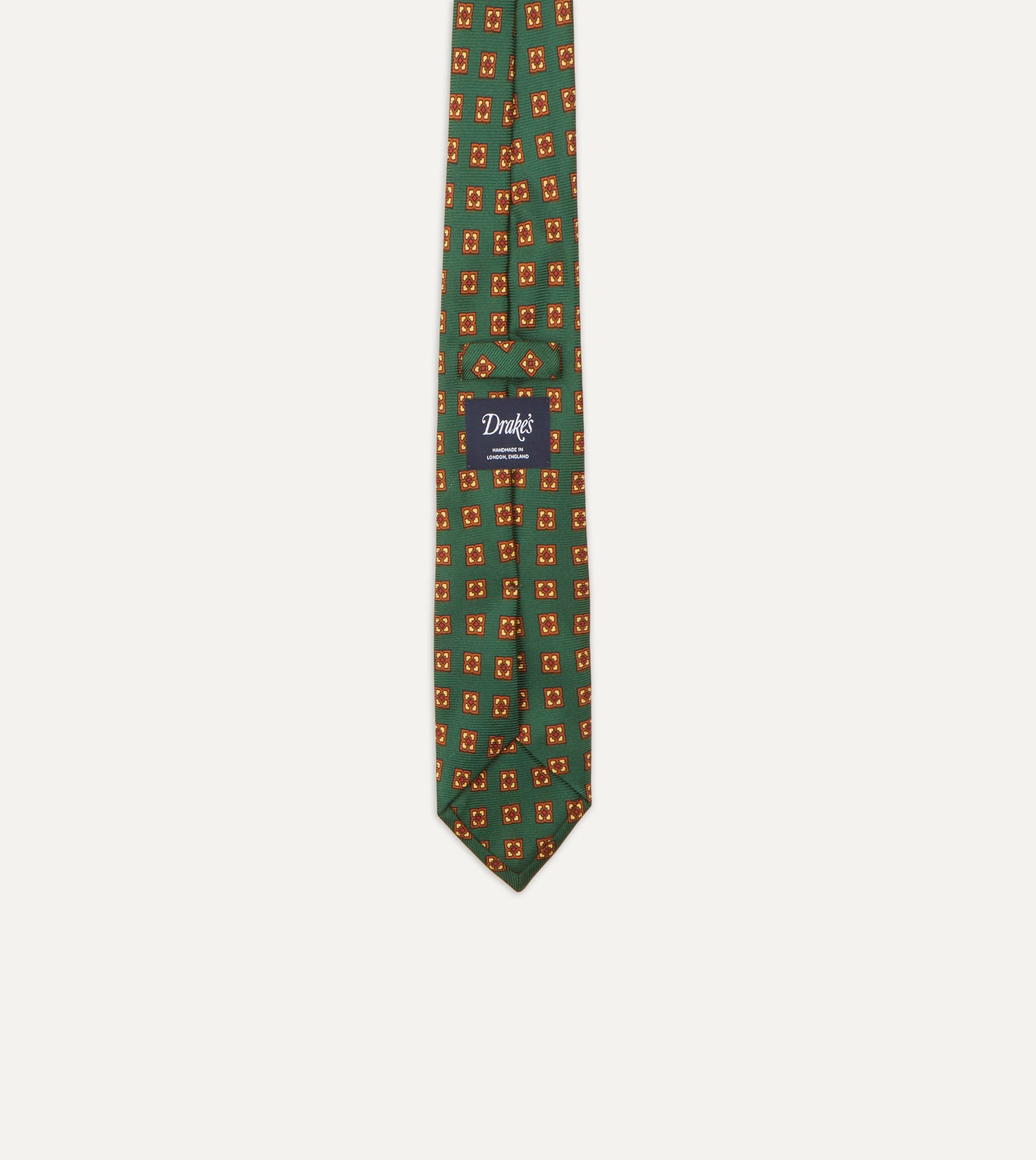 Green and Gold Diamond Medallion Print Madder Twill Silk Tie - Image 5