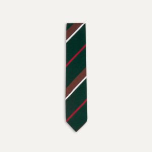 Green. Brown and White Stripe Shantung Silk Tie