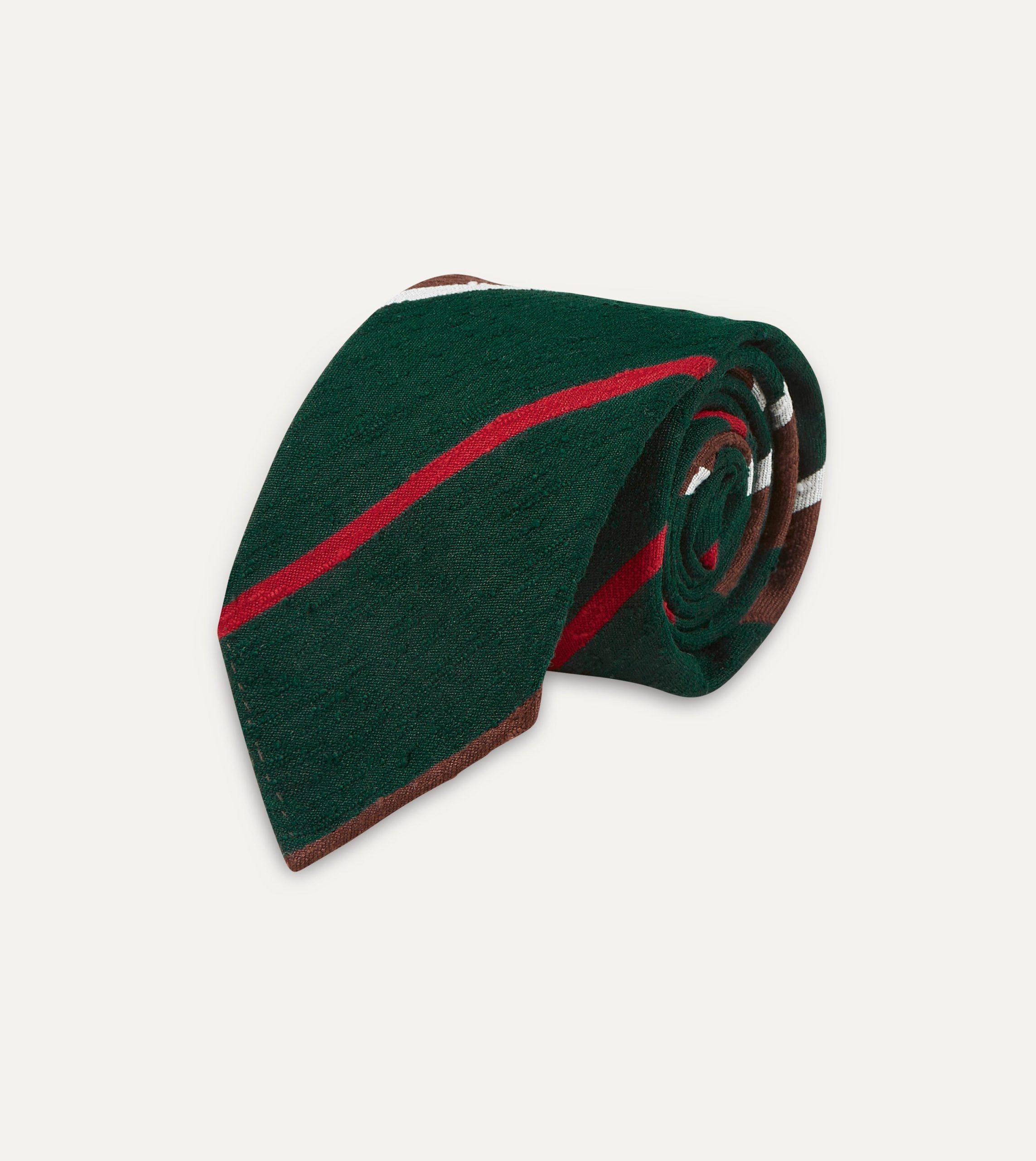 Green. Brown and White Stripe Shantung Silk Tie - Image 4