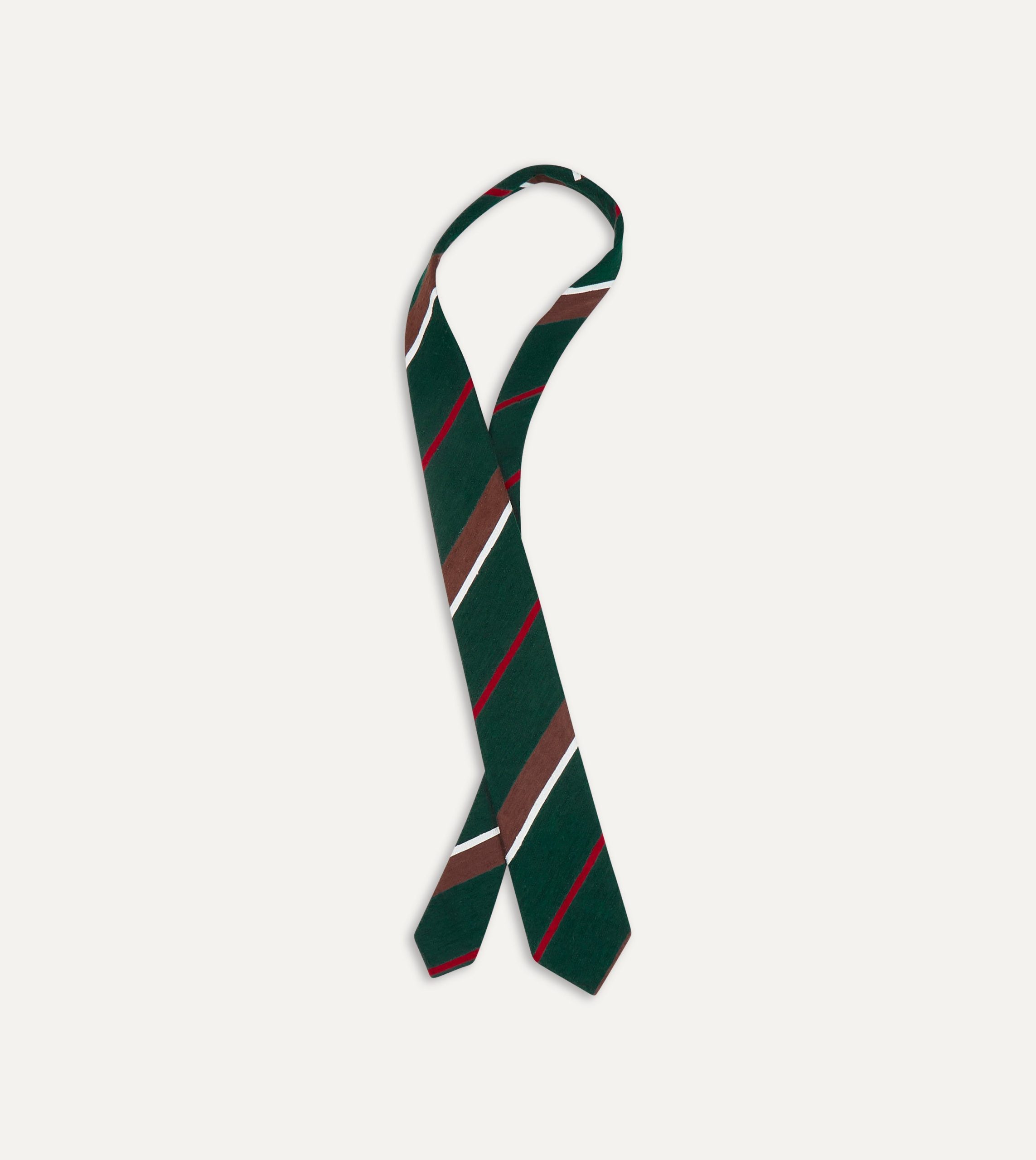 Green. Brown and White Stripe Shantung Silk Tie - Image 3