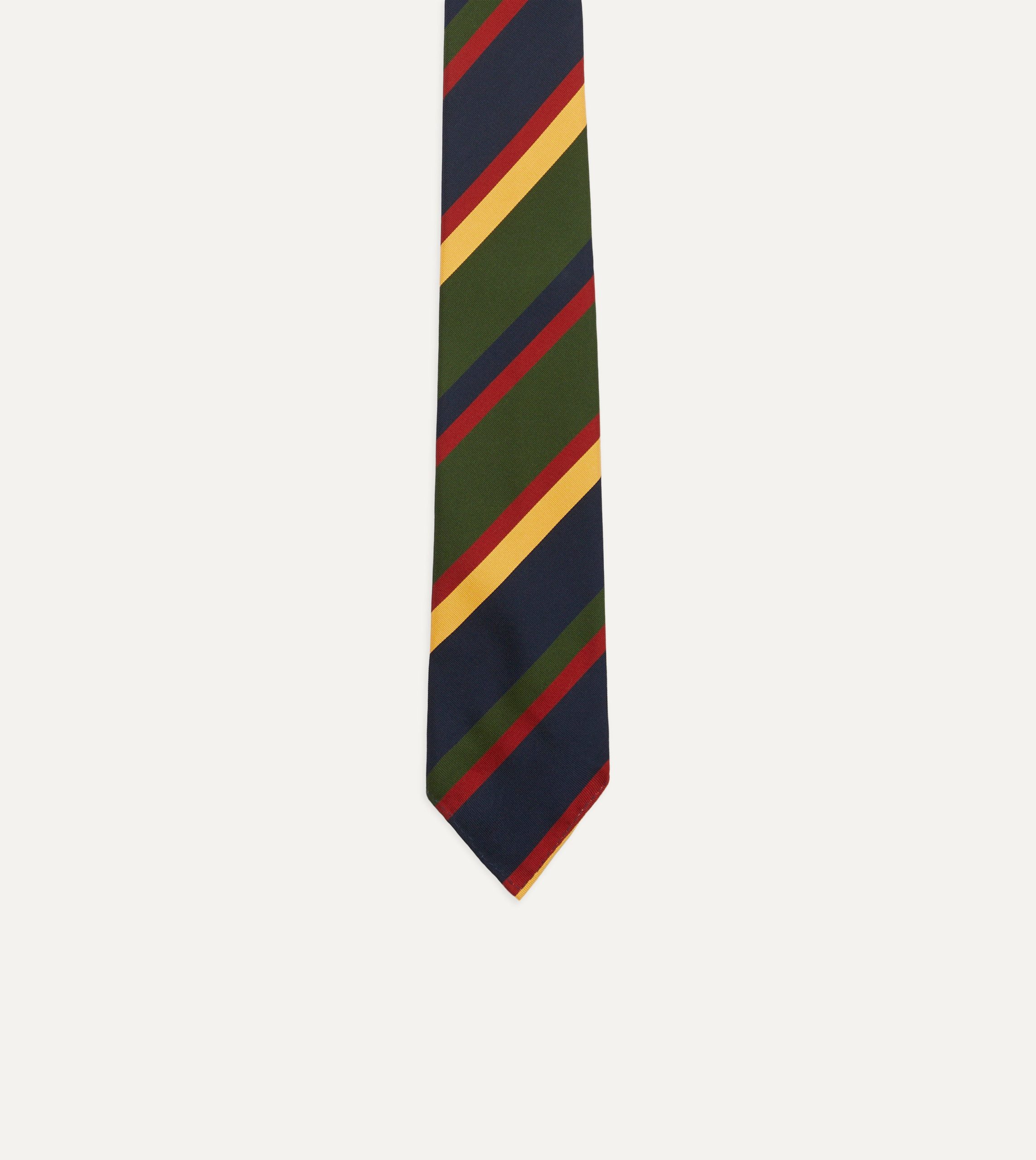 Navy. Red. Green and Yellow Stripe Silk Hand Rolled Tie - Image 4