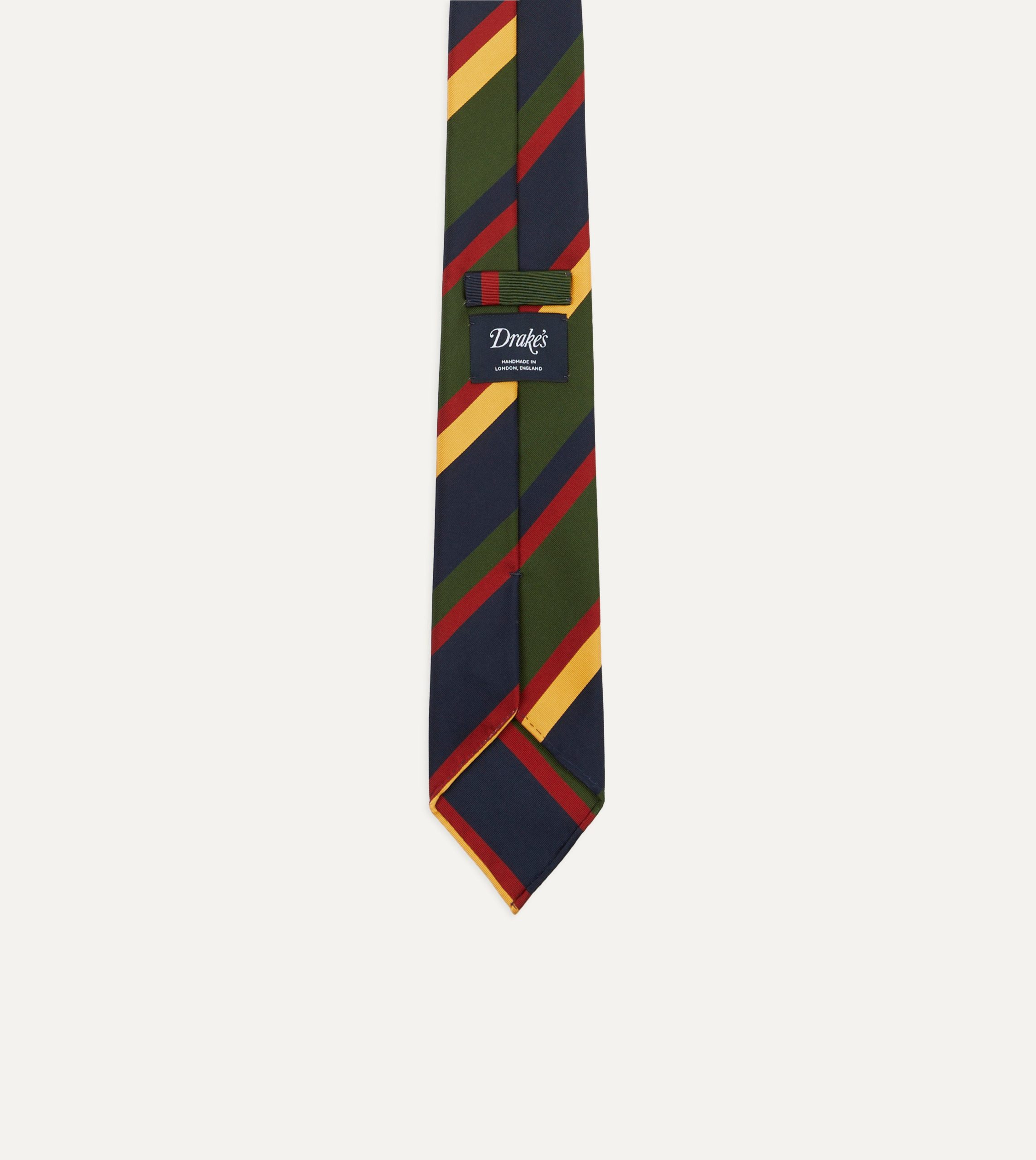 Navy. Red. Green and Yellow Stripe Silk Hand Rolled Tie - Image 3
