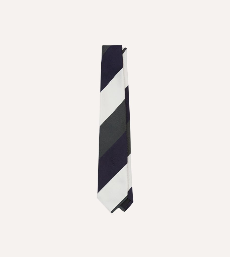 White. Navy and Grey Wide Stripe Repp Silk Tipped Tie