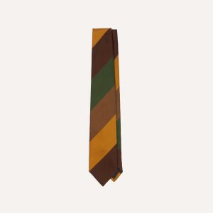 Brown. Green and Yellow Wide Stripe Repp Silk Cotton Tipped Tie