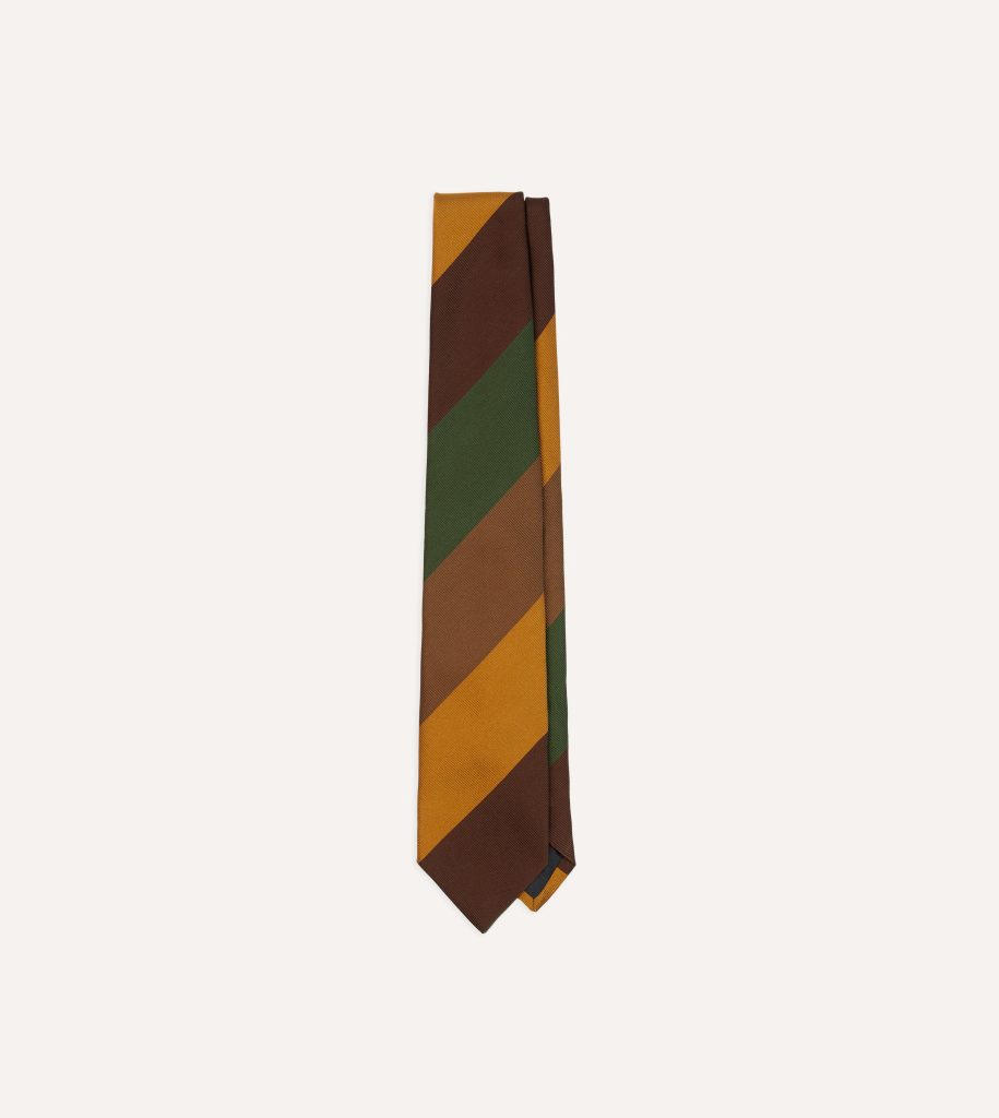 Brown. Green and Yellow Wide Stripe Repp Silk Cotton Tipped Tie