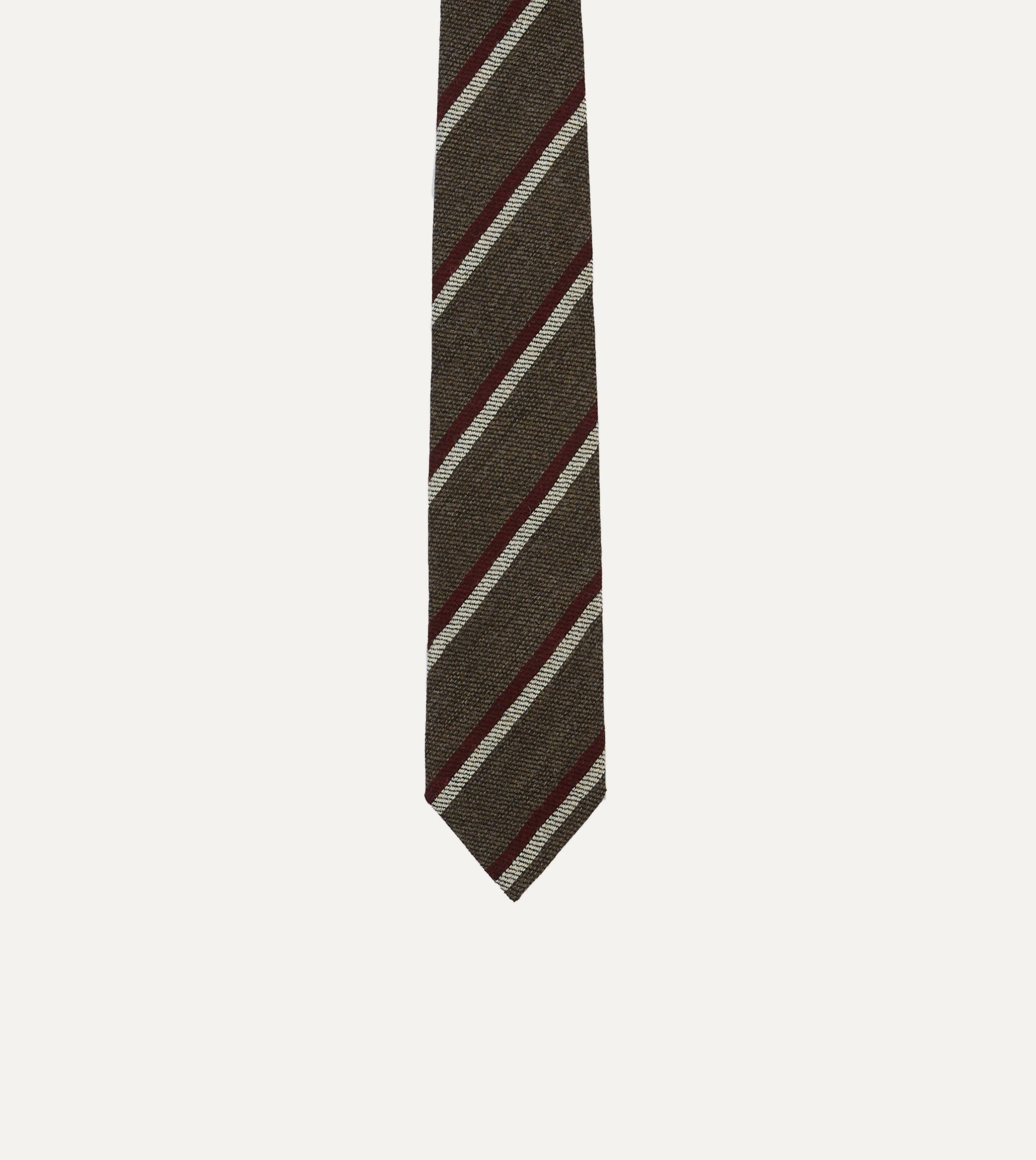 Brown. White and Red Double Stripe Tipped Wool Tie - Image 3