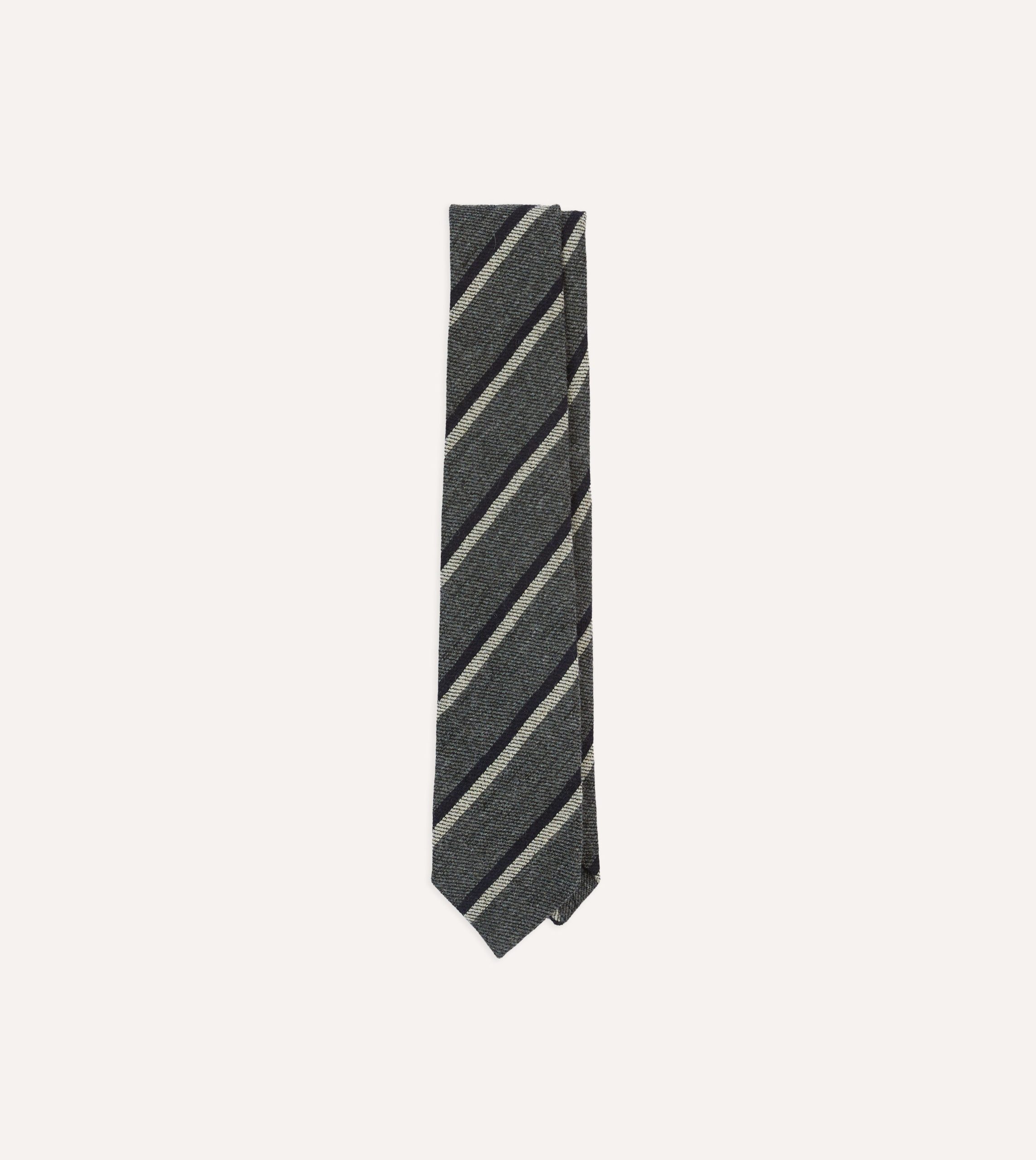 Grey. Navy and White Double Stripe Tipped Wool Tie