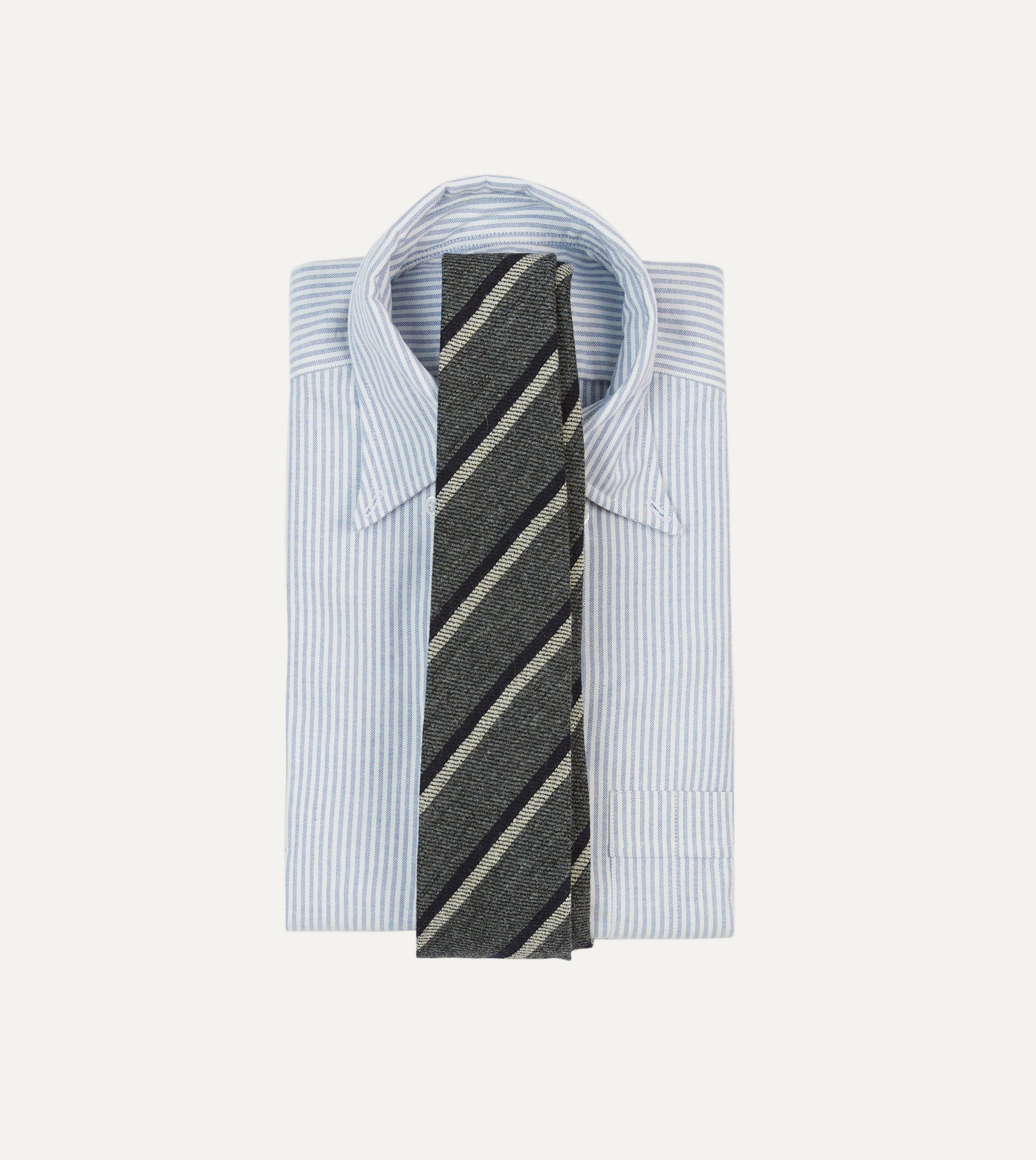 Grey. Navy and White Double Stripe Tipped Wool Tie - Image 2