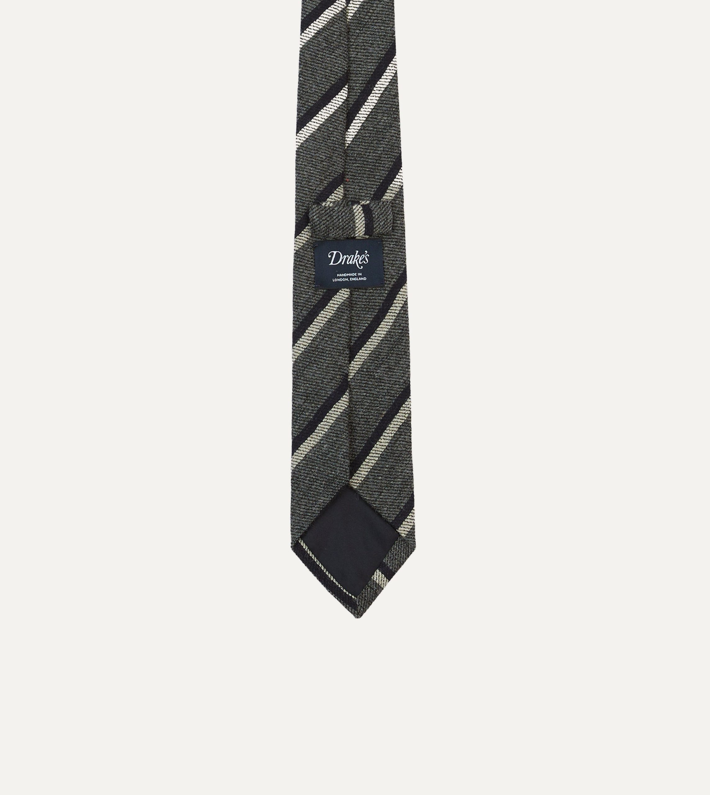 Grey. Navy and White Double Stripe Tipped Wool Tie - Image 4