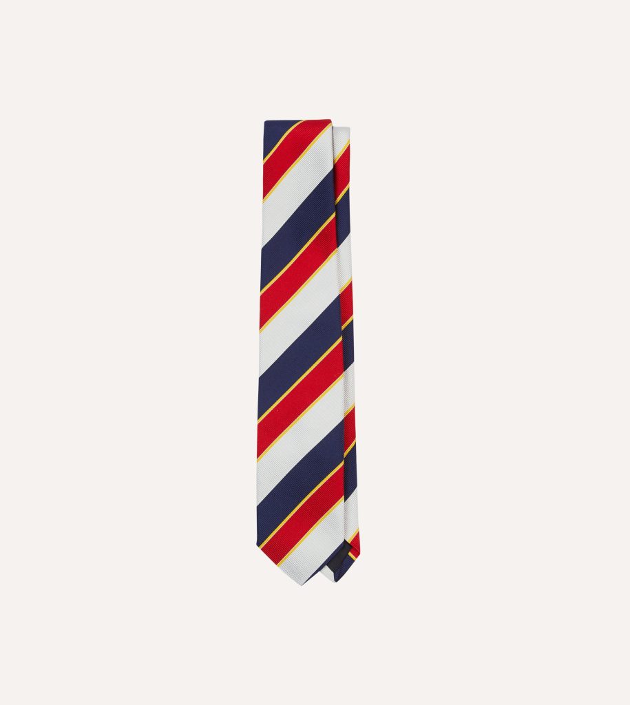 Navy. Red and White Block Stripe Repp Silk Tipped Tie