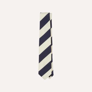 Ecru and Navy Block Stripe Repp Silk Tipped Tie