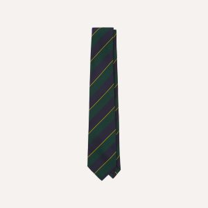 Navy. Green and Yellow Fine Stripe Mogador Silk Tipped Tie