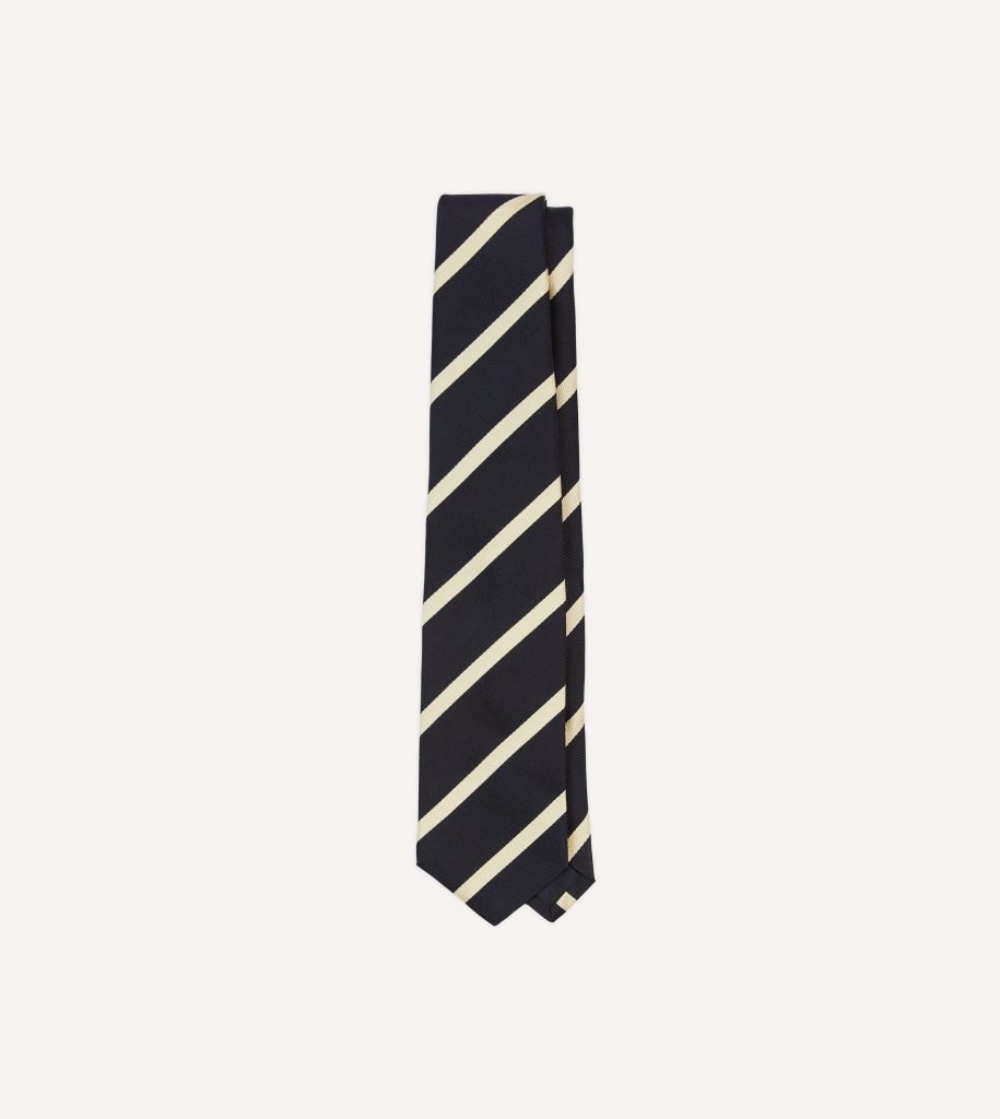 Navy and Ecru Herringbone Bar Stripe Mogador Silk Tipped Tie