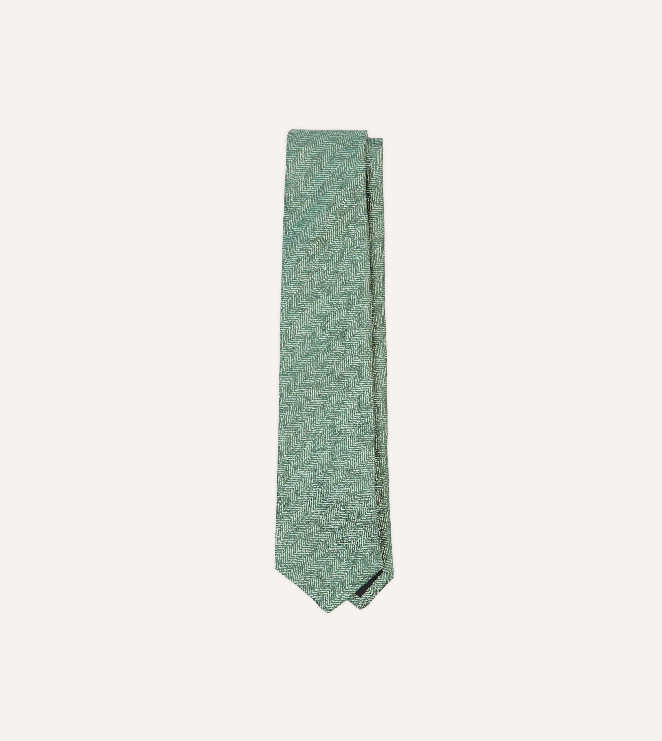 Green and Ecru Herringbone Linen Silk Tipped Tie