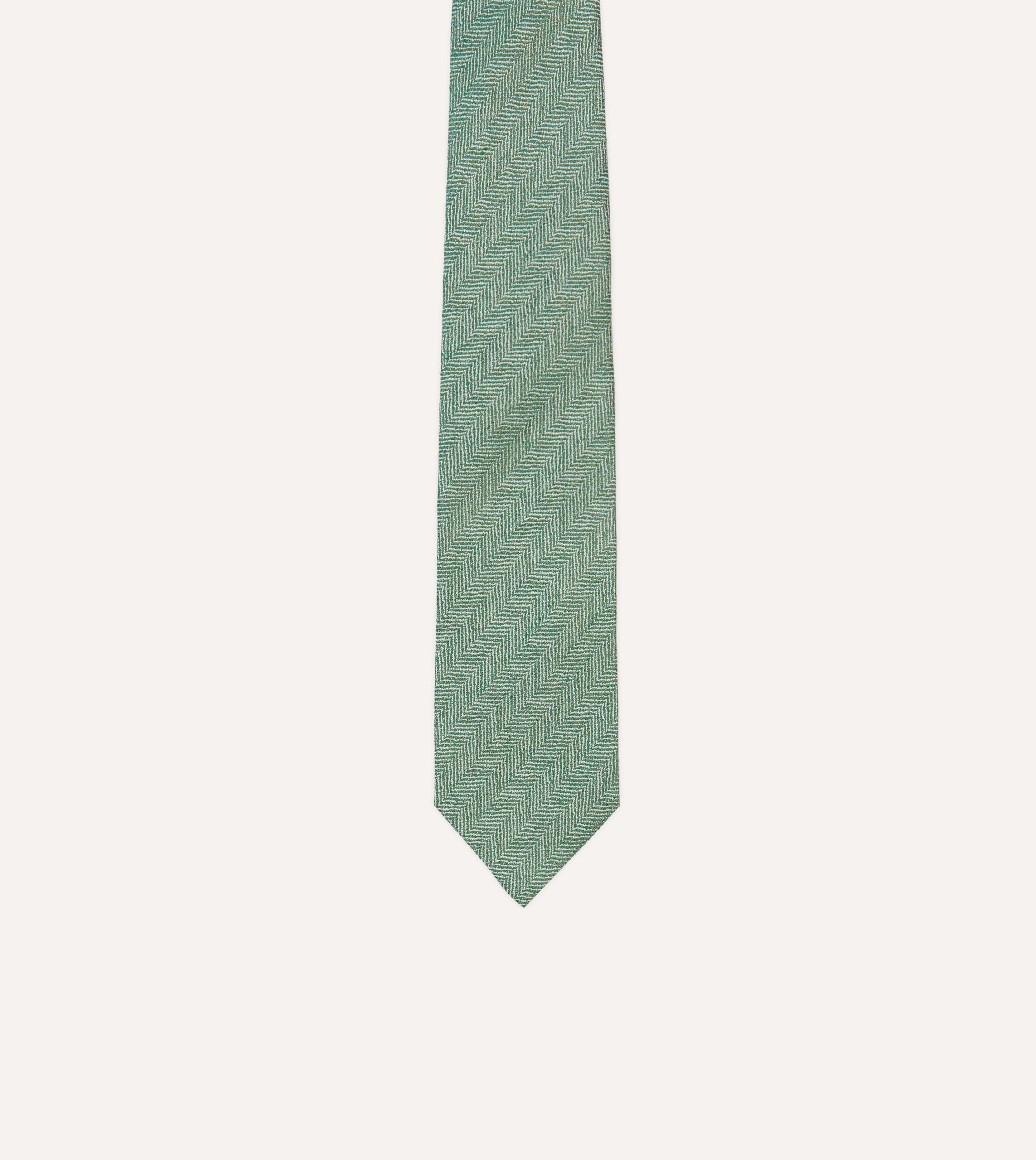 Green and Ecru Herringbone Linen Silk Tipped Tie - Image 3
