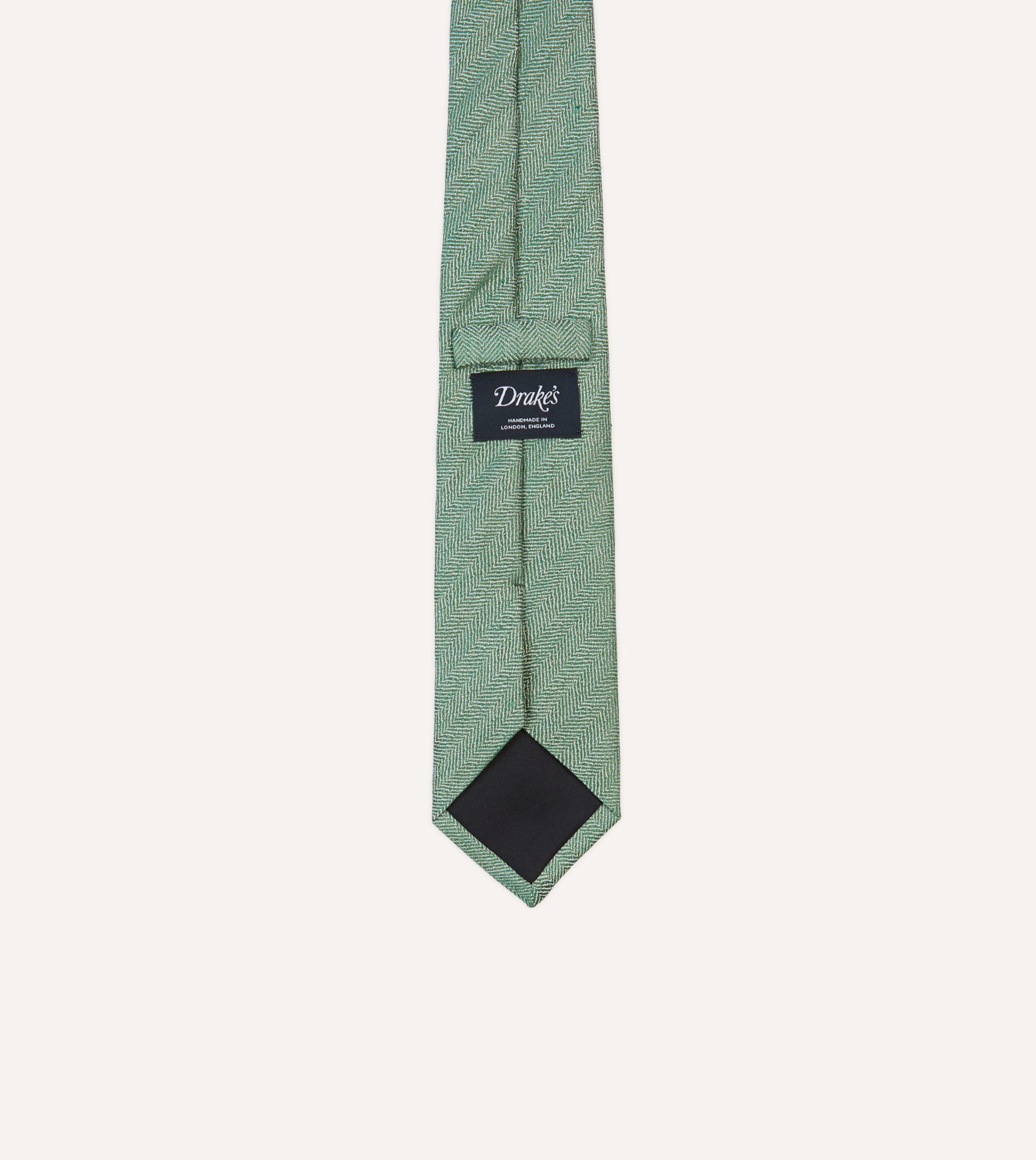 Green and Ecru Herringbone Linen Silk Tipped Tie - Image 4
