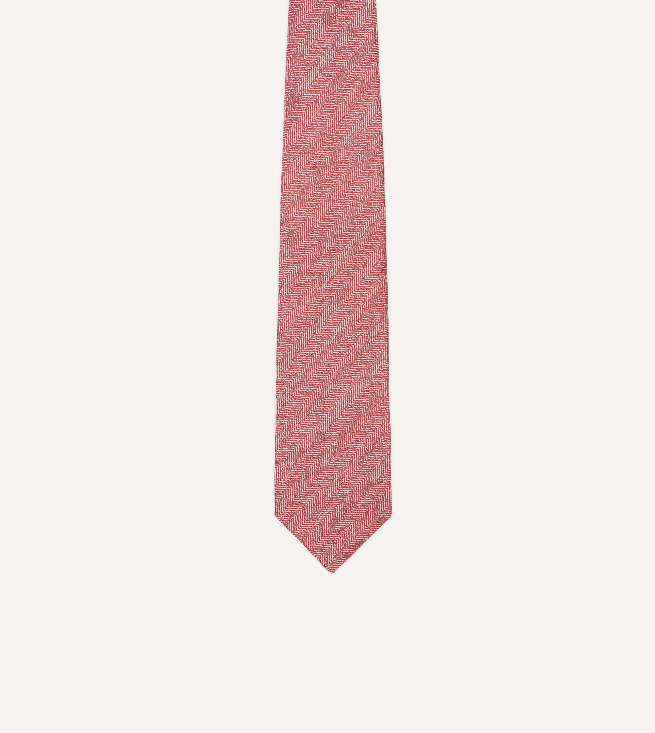 Red and Ecru Herringbone Linen Silk Tipped Tie - Image 3