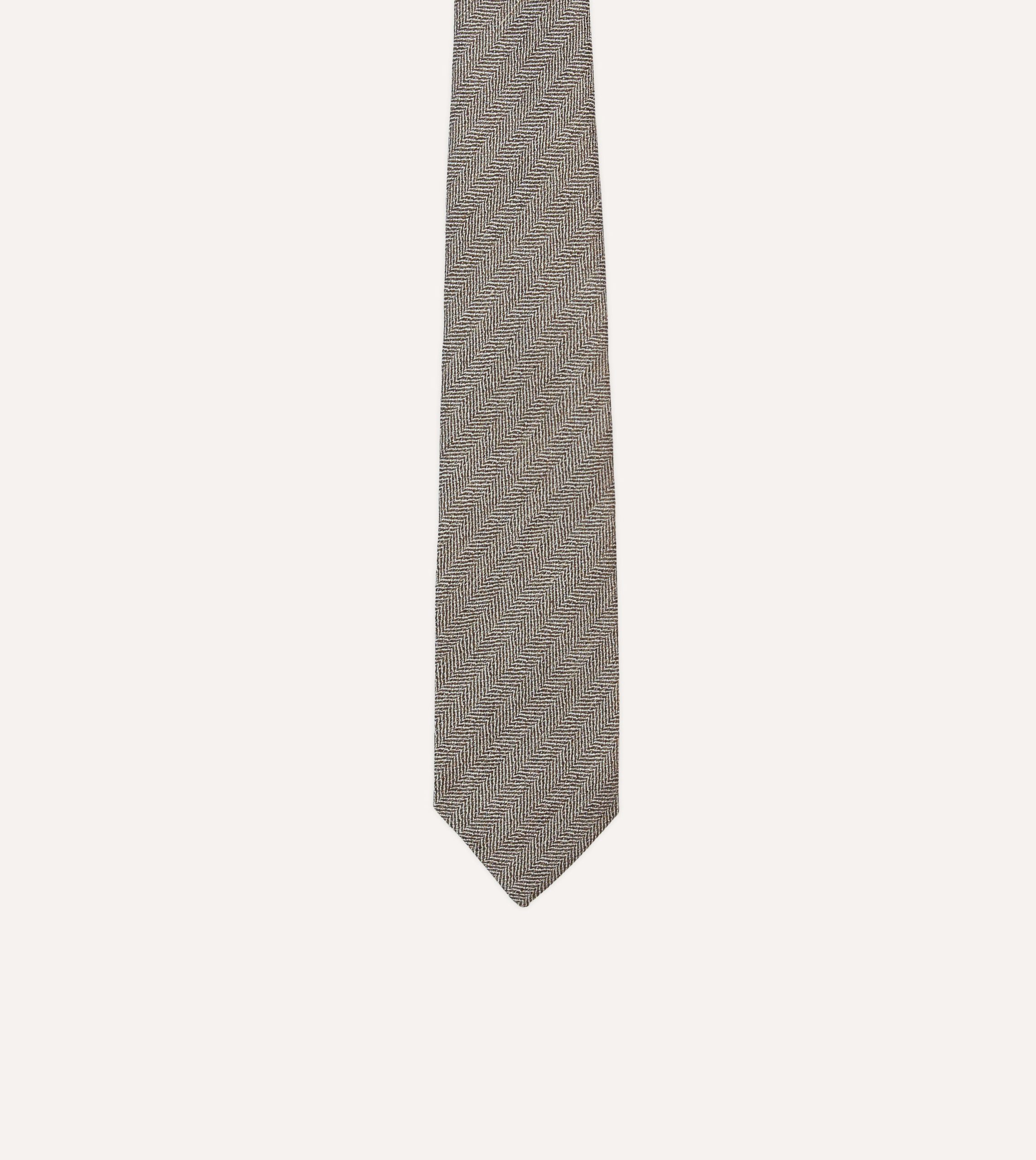 Brown and Ecru Herringbone Linen Silk Tipped Tie - Image 3