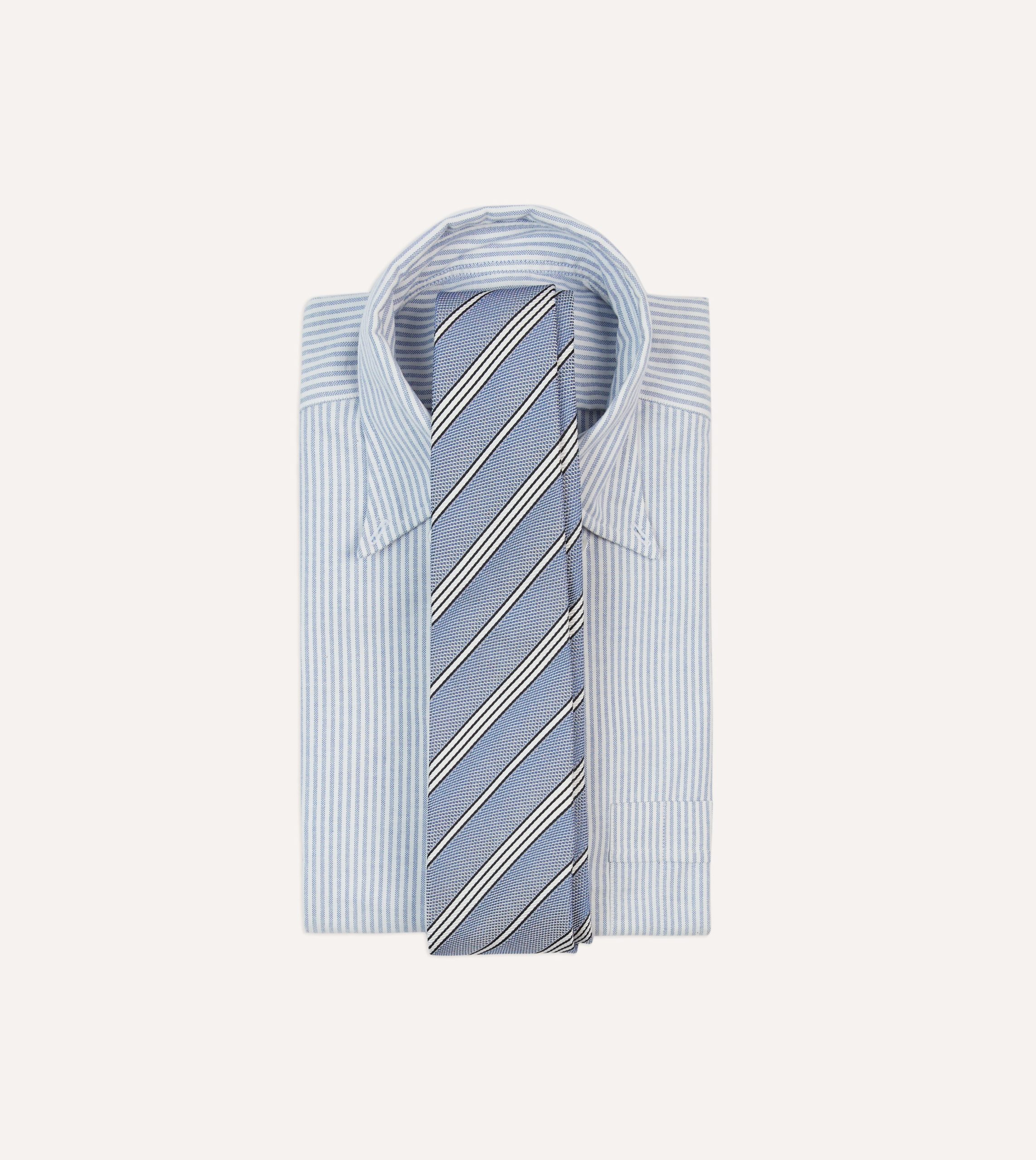 Blue. Navy and Ecru Twill Stripe Tipped Silk Grenadine Tie - Image 2