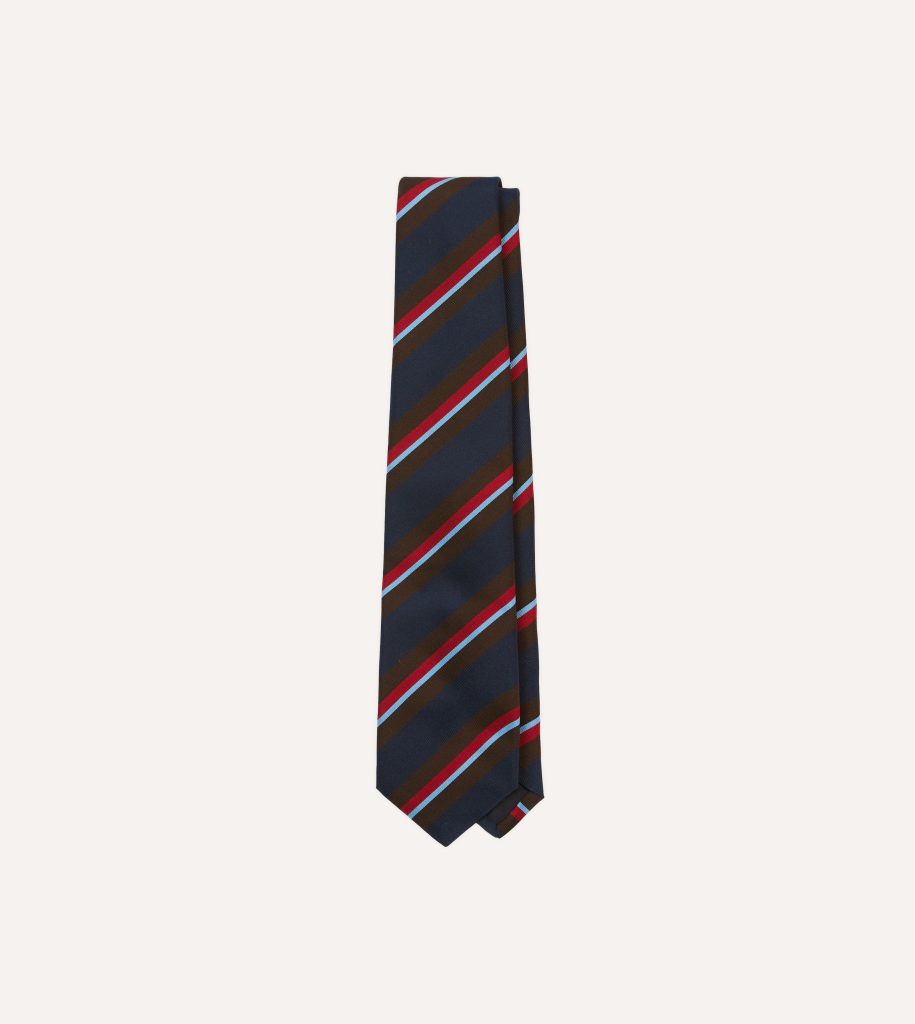 Navy. Brown and Red Stripe Mogador Silk Tipped Tie