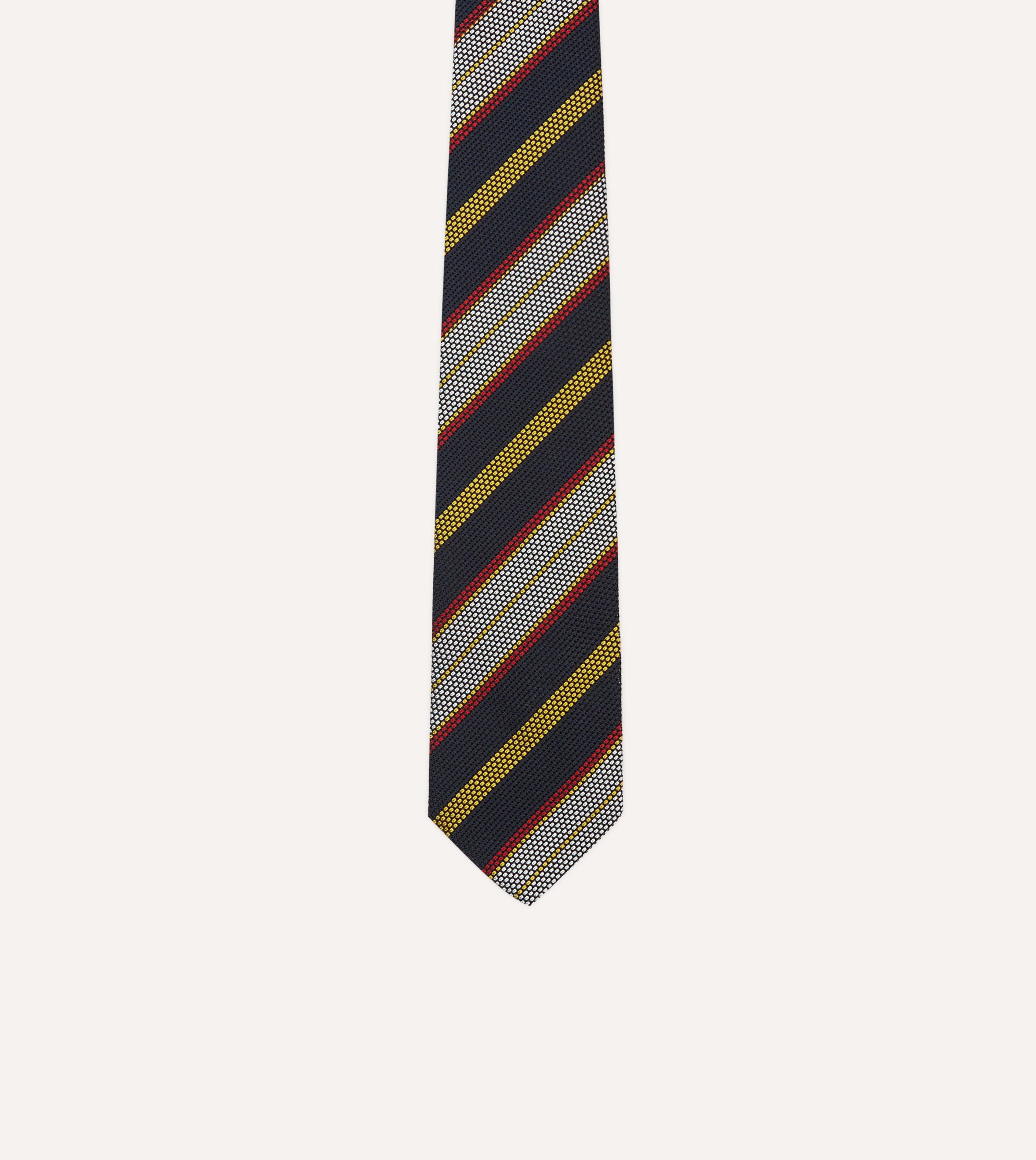 Navy. Yellow. Red and White Multi Stripe Tipped Silk Grenadine Tie - Image 3