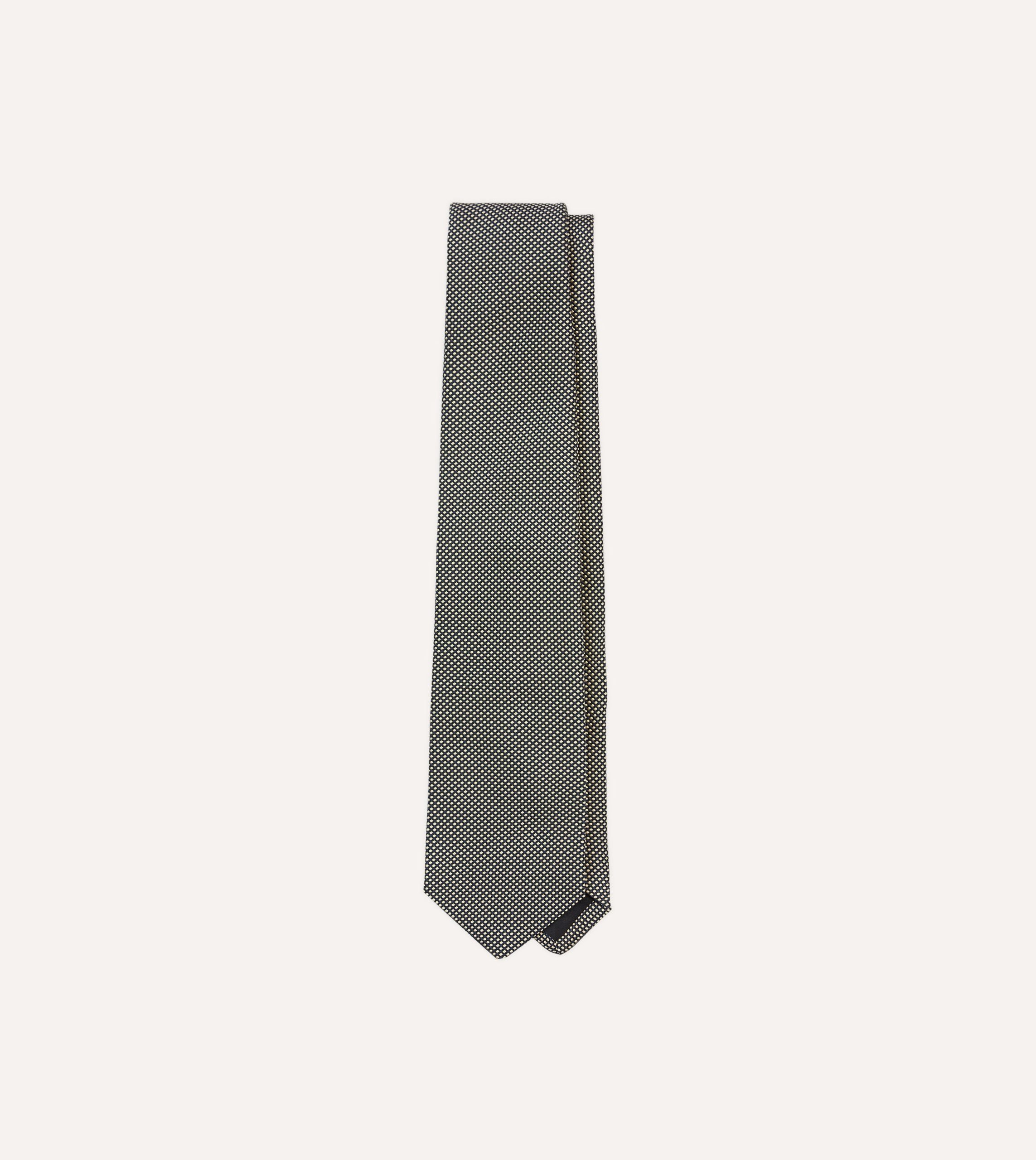 Navy and Ecru Oxford Weave Silk Tipped Tie