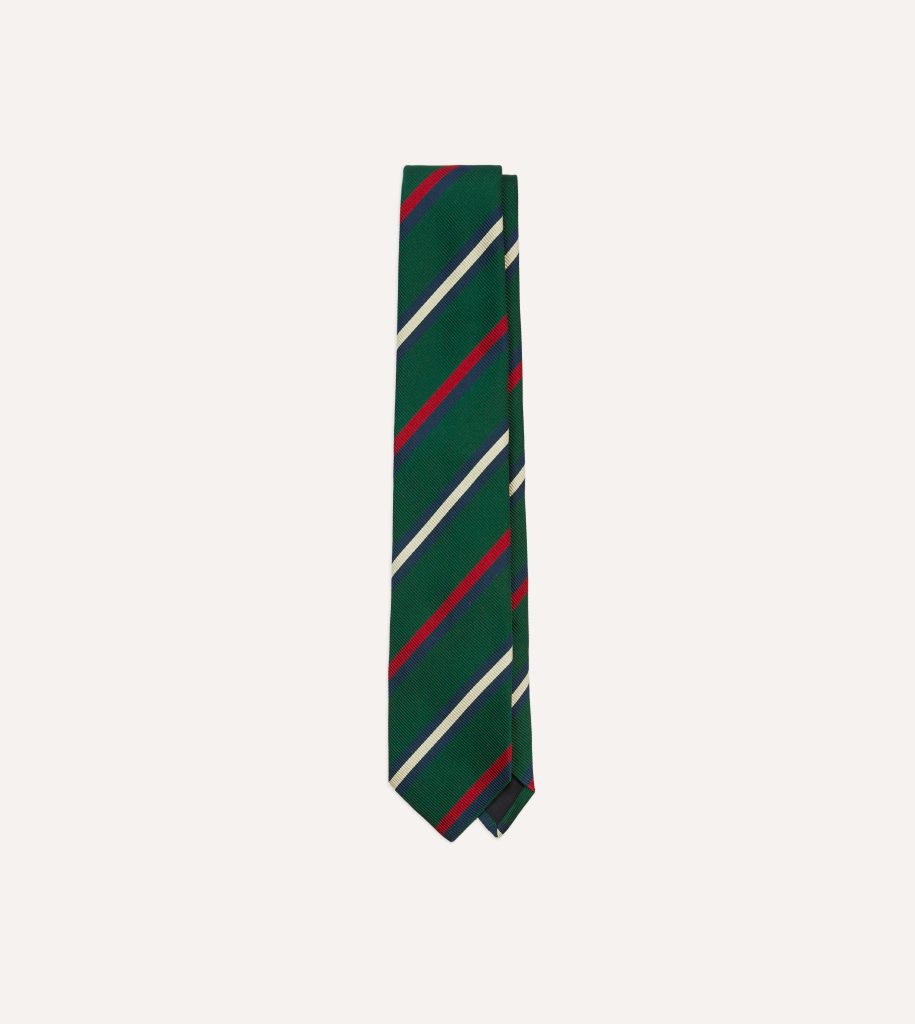 Green. Red and White Stripe Repp Silk Tipped Tie