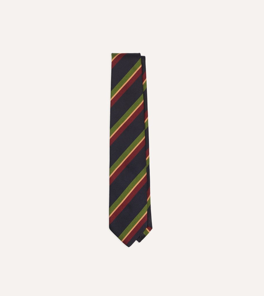 Navy. Green and Red Sandwich Stripe Repp Silk Tipped Tie