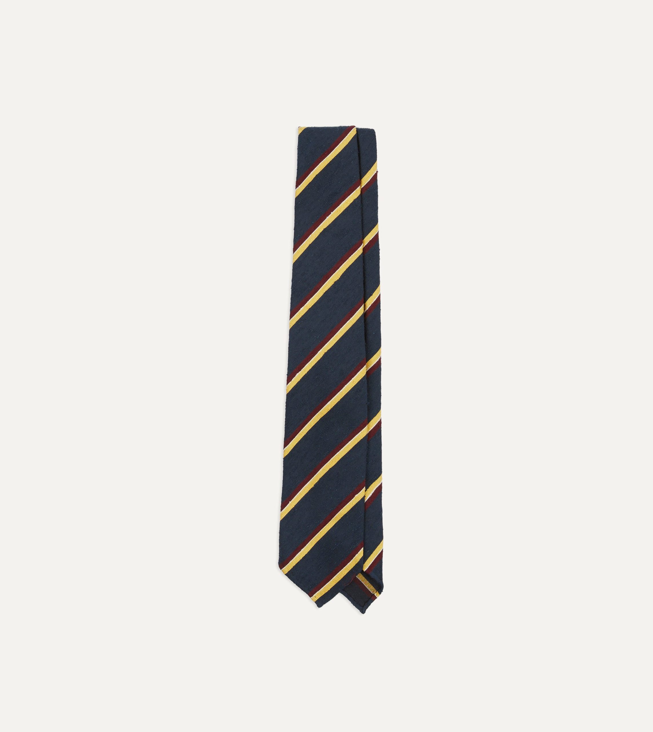Navy. Red and Yellow Stripe Shantung Silk Tie