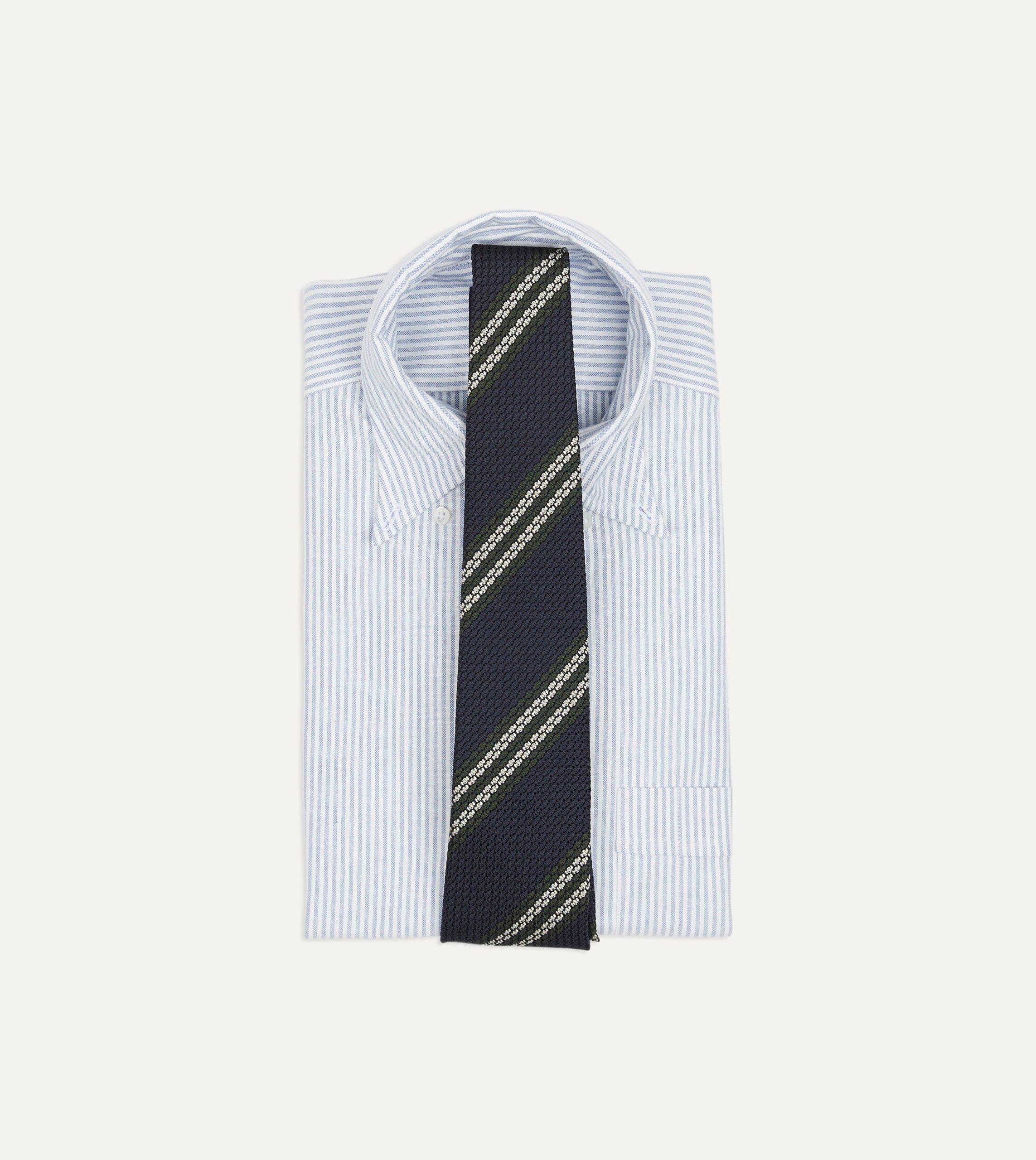 Navy. Green and White Double Stripe Silk Grenadine Tie - Image 2