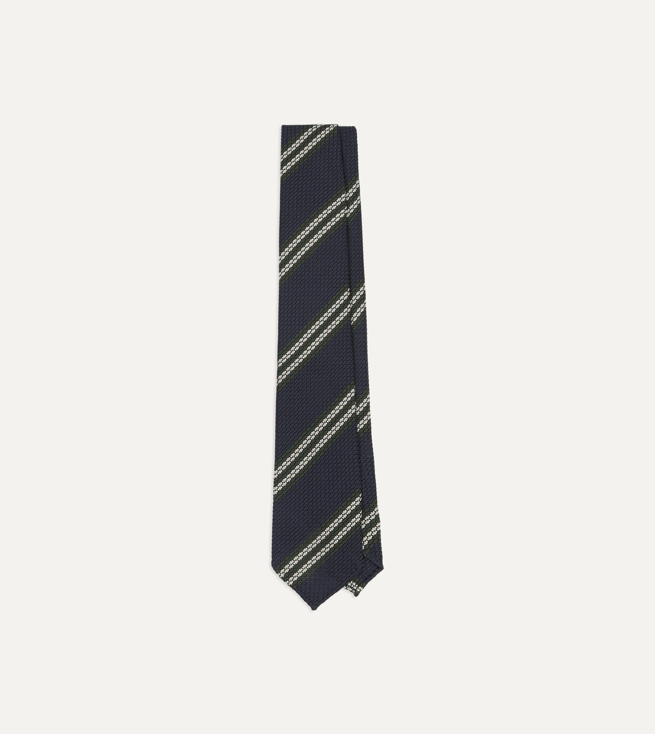 Navy. Green and White Double Stripe Silk Grenadine Tie