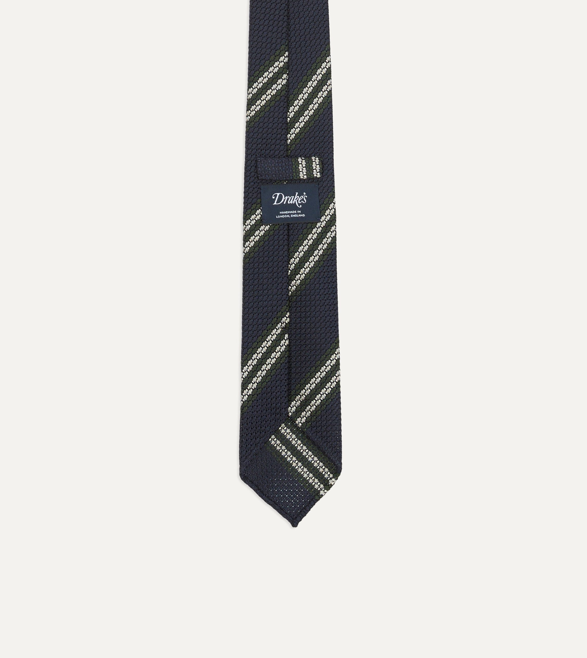 Navy. Green and White Double Stripe Silk Grenadine Tie - Image 3