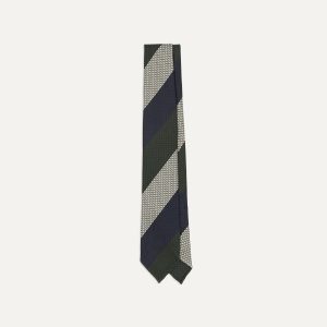 Navy. Green and White Wide Stripe Silk Grenadine Tie