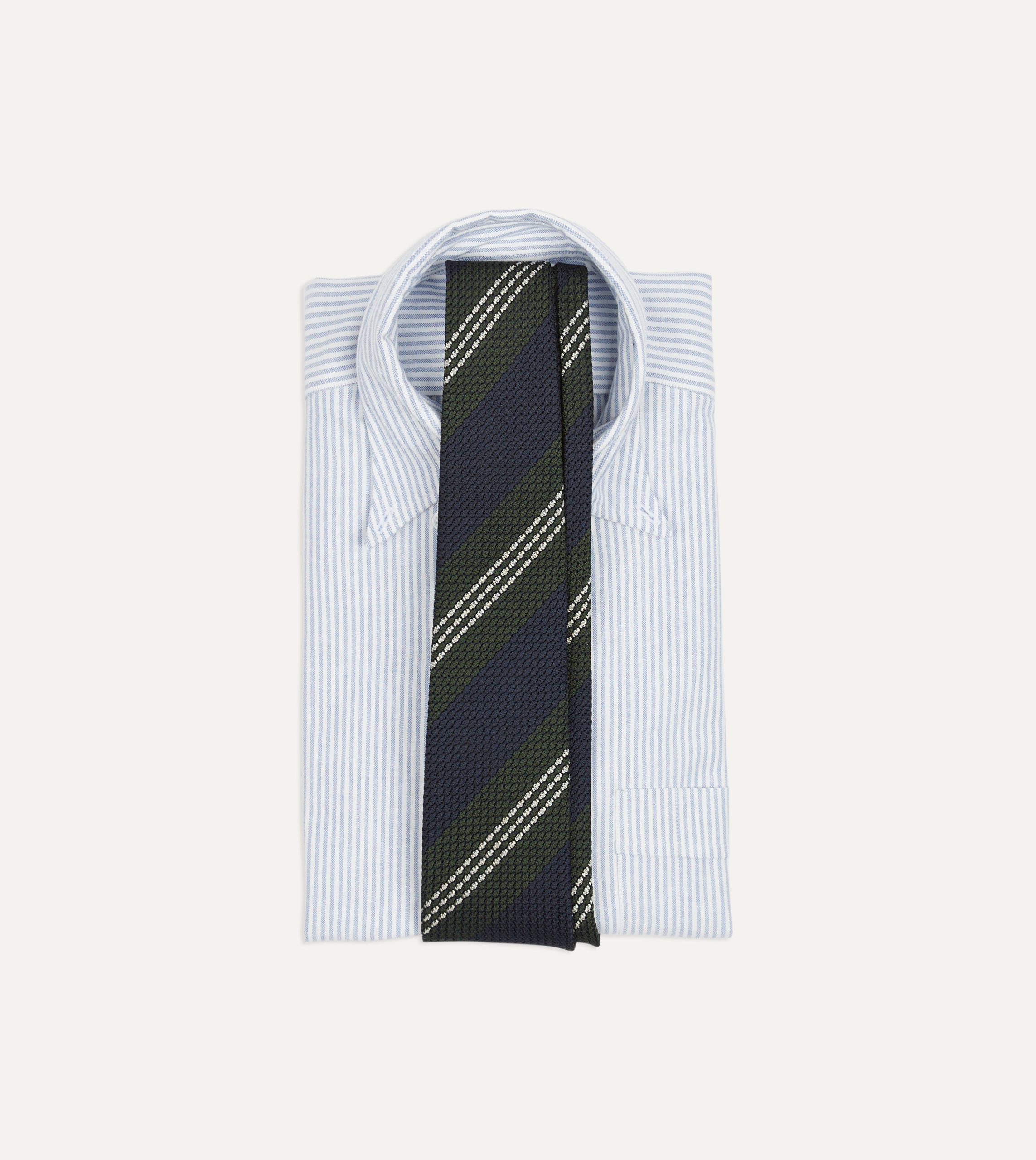 Navy. Green and White Multi Stripe Silk Grenadine Tie - Image 2