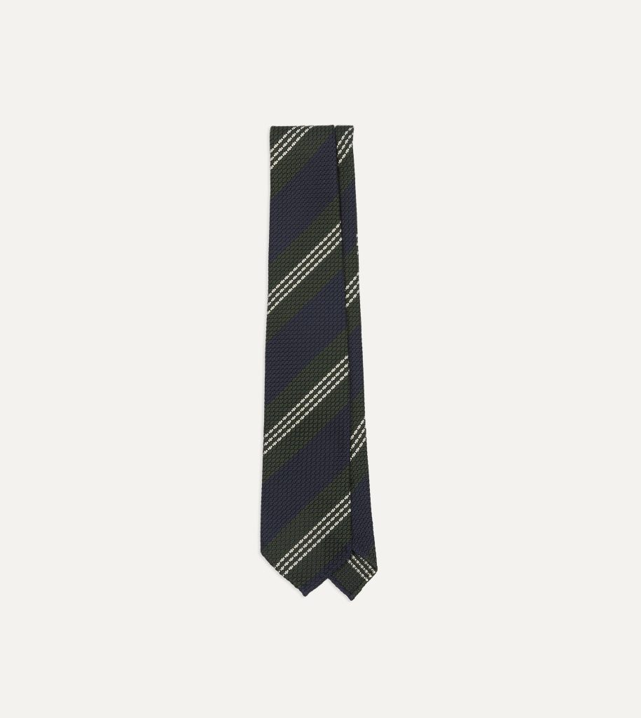 Navy. Green and White Multi Stripe Silk Grenadine Tie