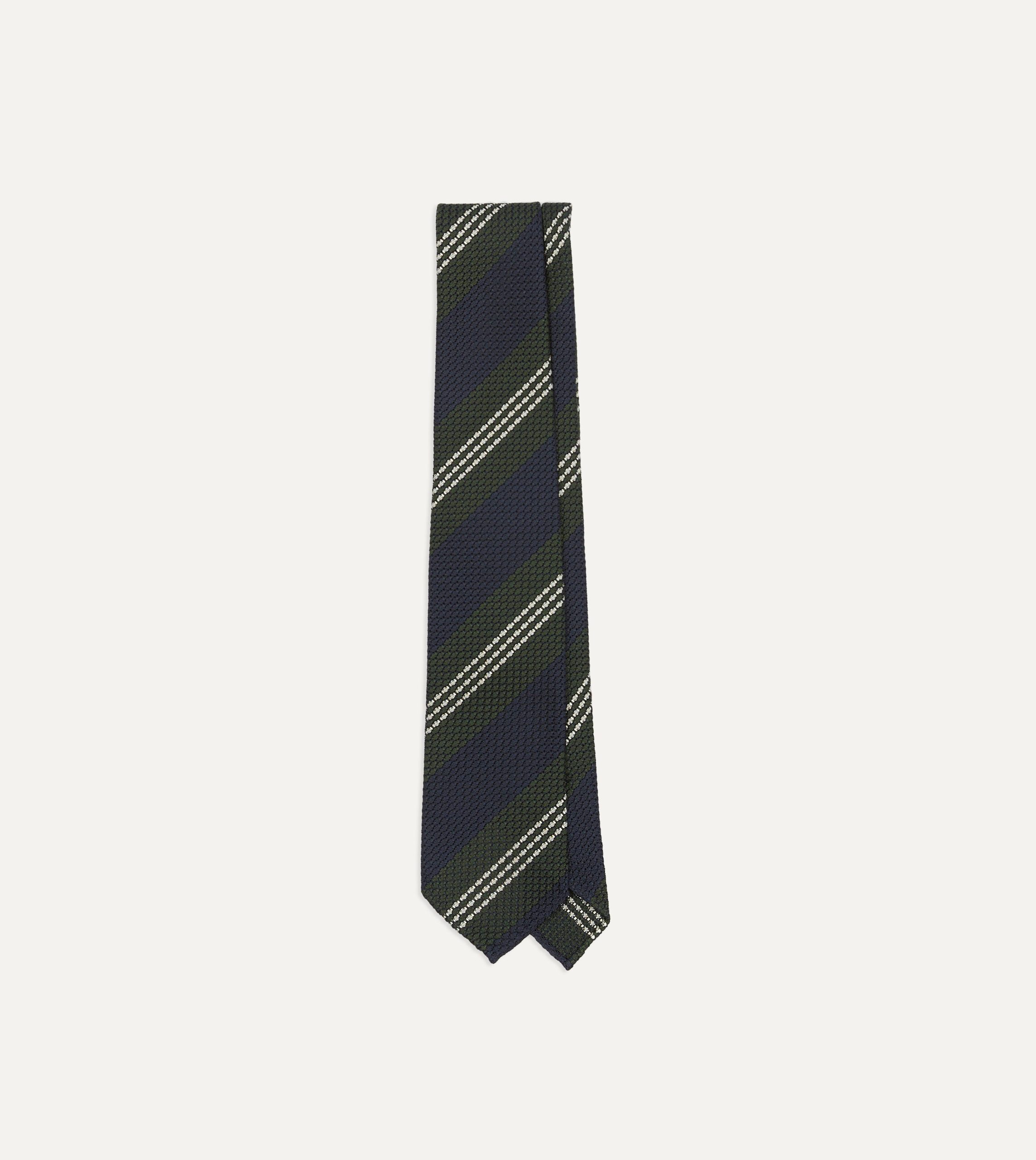 Navy. Green and White Multi Stripe Silk Grenadine Tie