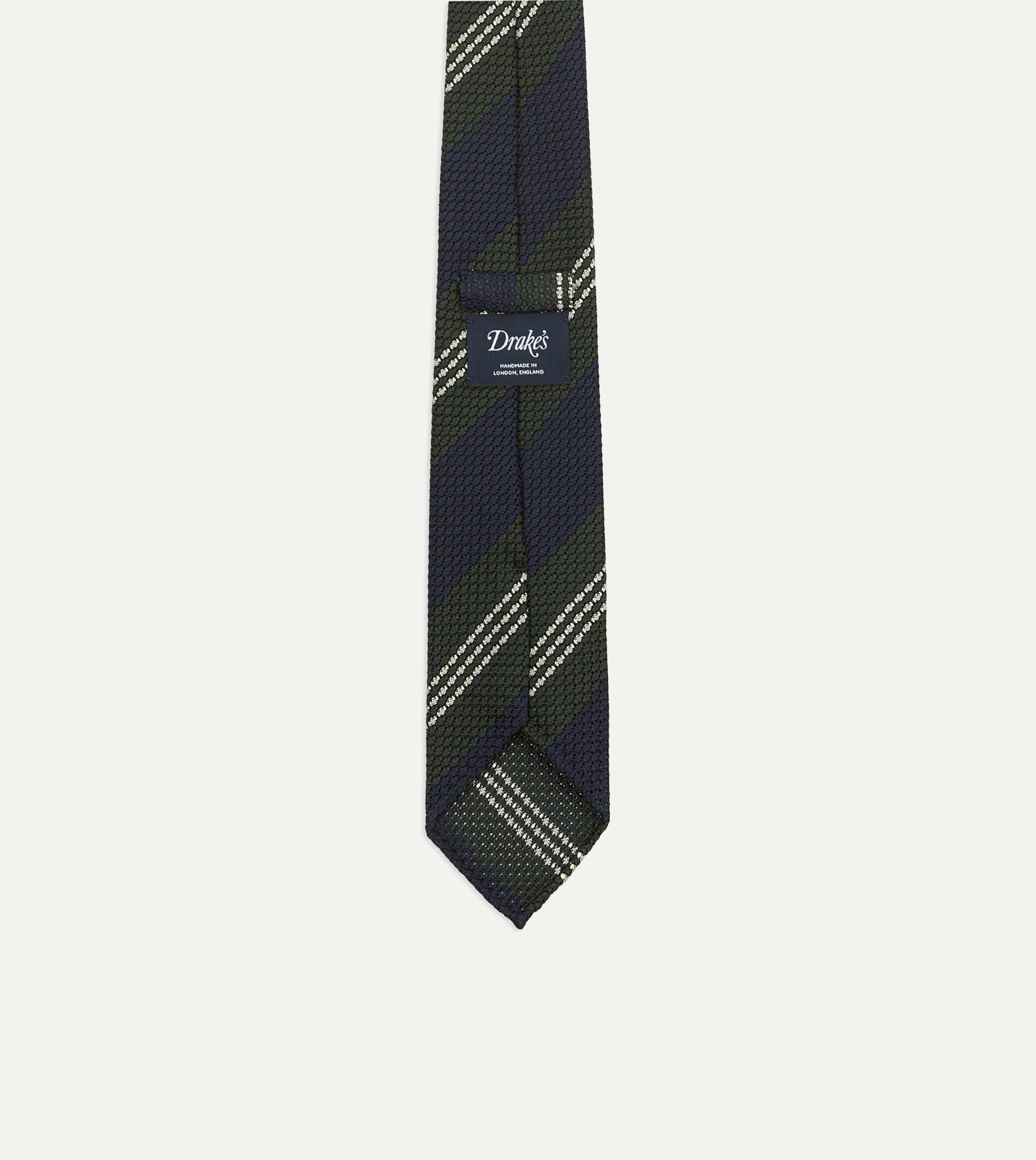 Navy. Green and White Multi Stripe Silk Grenadine Tie - Image 3