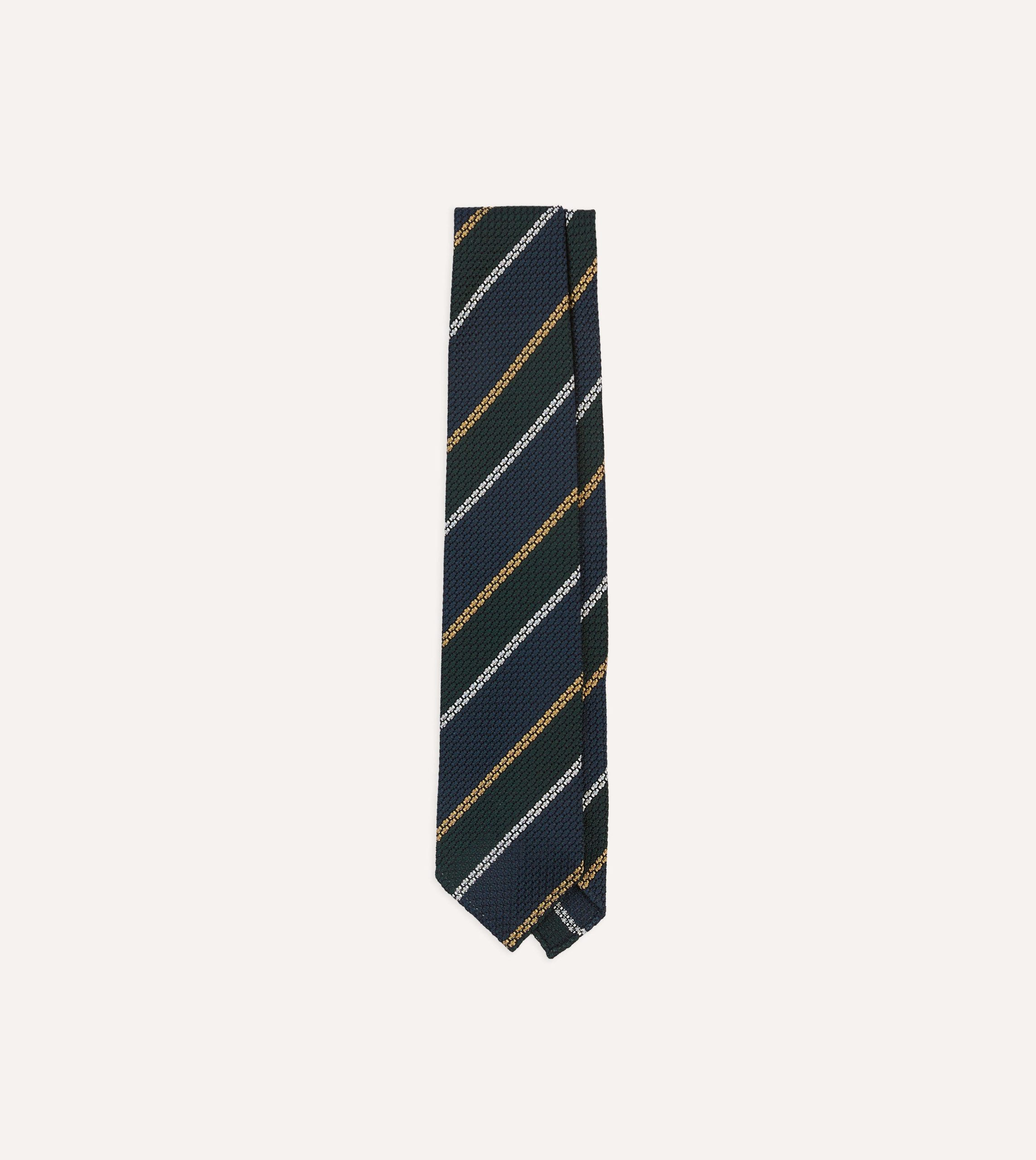 Navy. White and Green Stripe Hand Rolled Silk Grenadine Tie