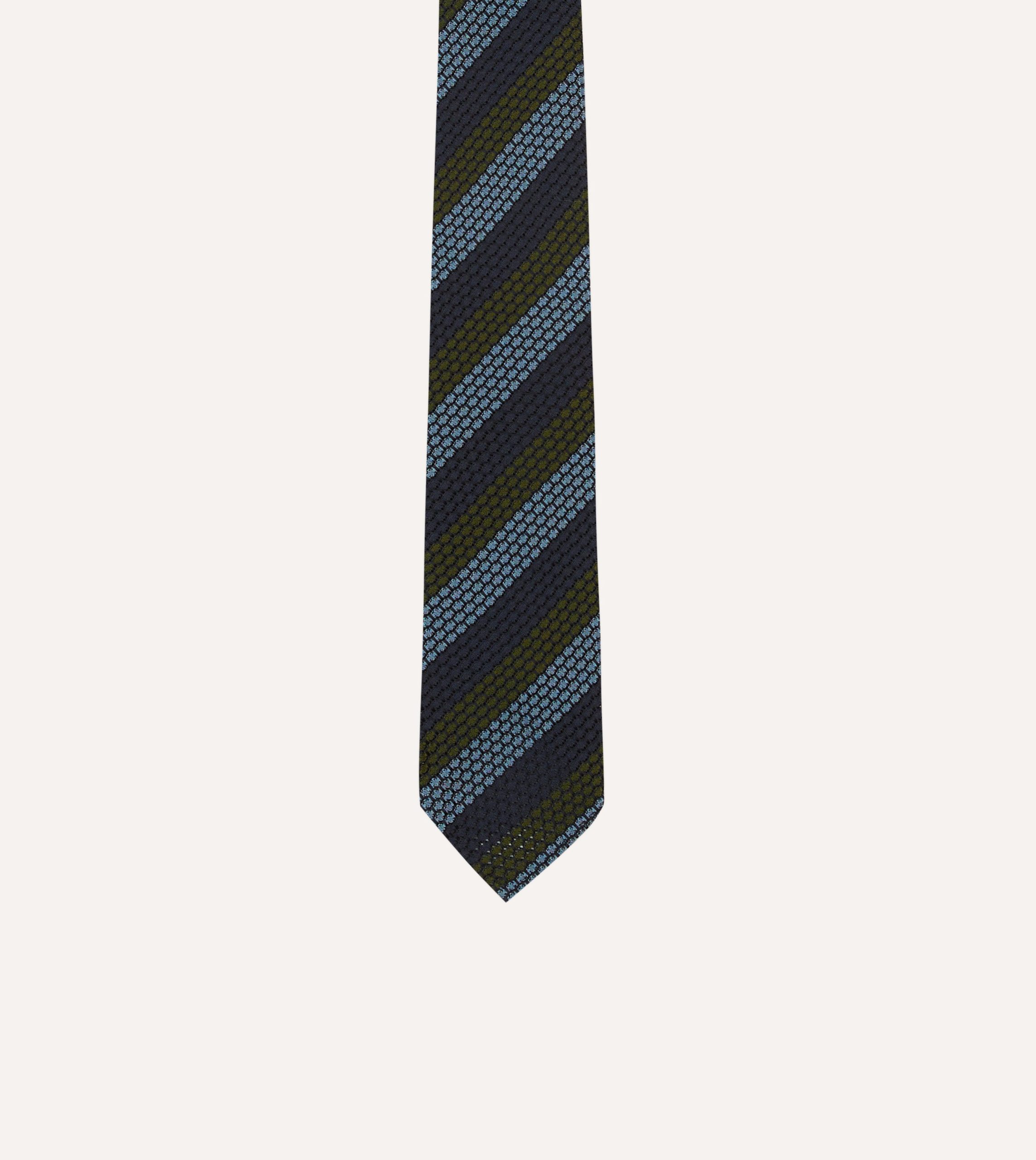 Navy. Green and Blue Block Stripe Hand Rolled Silk Grenadine Tie - Image 3